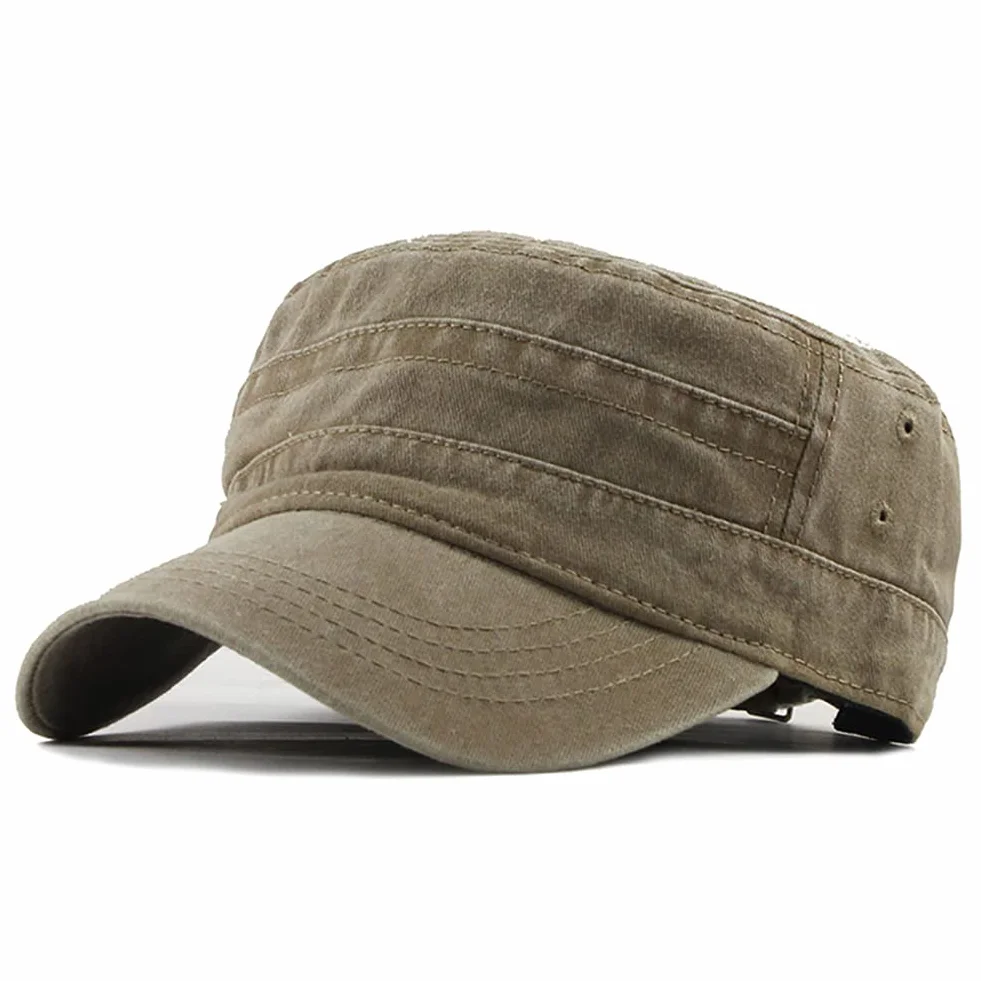 Czapka wojskowa w stylu vintage, sprany denim, bawełniana, płaska, outdoor, sport, casual, kapelusz przeciwsłoneczny, regulowany rozmiar, dla mężczyzn i kobiet, khaki.