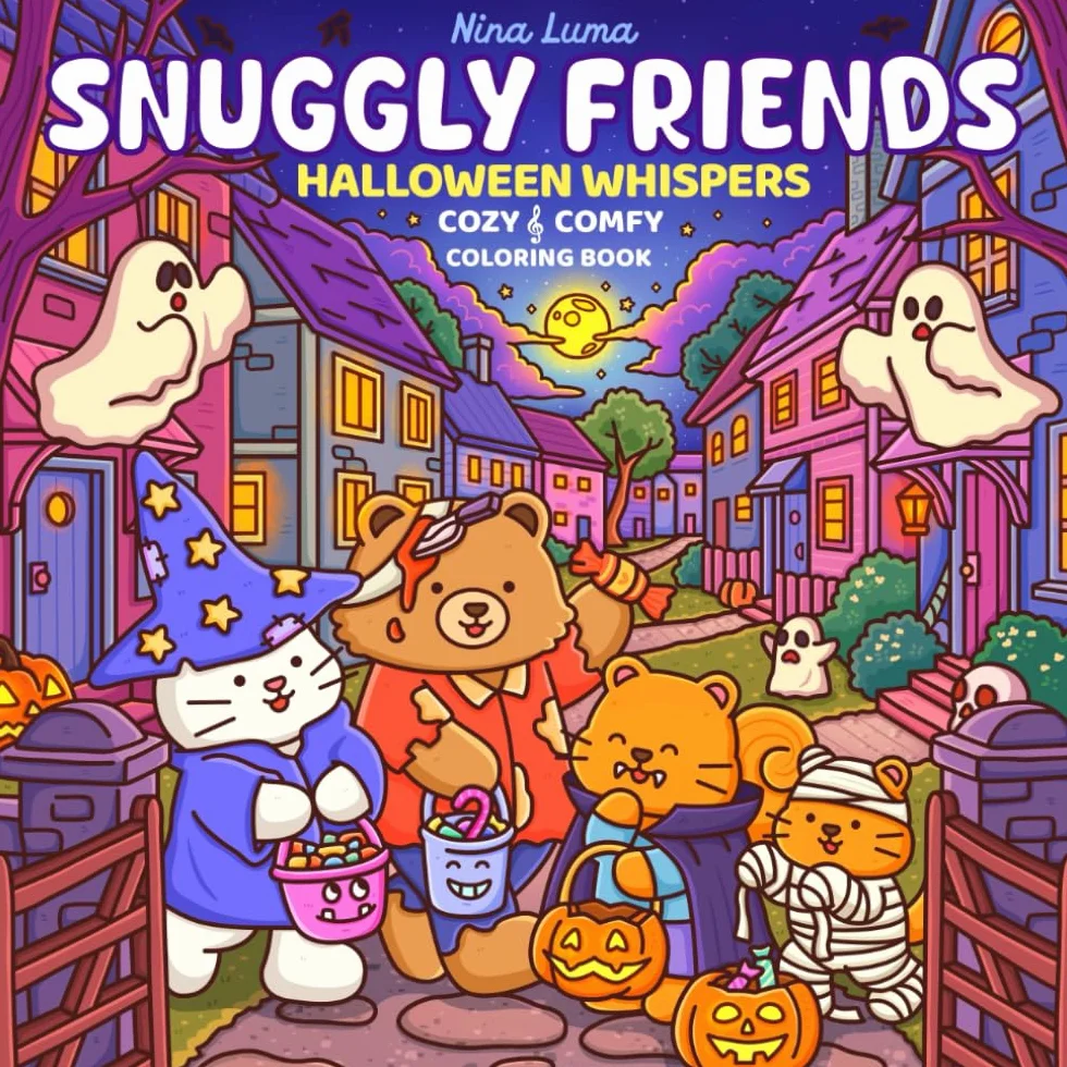 Snuggly Friends - Halloween Whispers: Halloween & Autumn Cozy & Comfy Coloring Book for Adults & Teens - Adorable Animals, Hygge Vibes, Exclusive Music