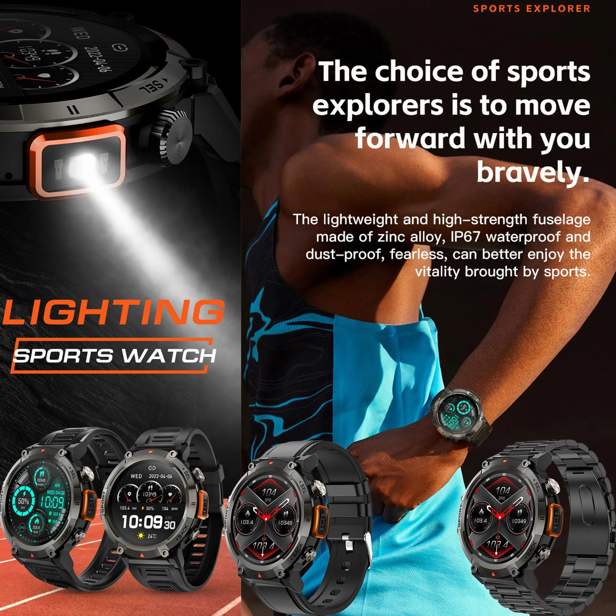 Smartwatche Mężczyźni z Funkcje Telefonu Bluetooth, Sportowy Smartwatch 1,45 Cala ze 123 trybami Sportowymi, Pochodnia, Pomiarem Tętna, Odtwarzaczem Muzycznym, Wodoodpornością IP68 dla Android iOS