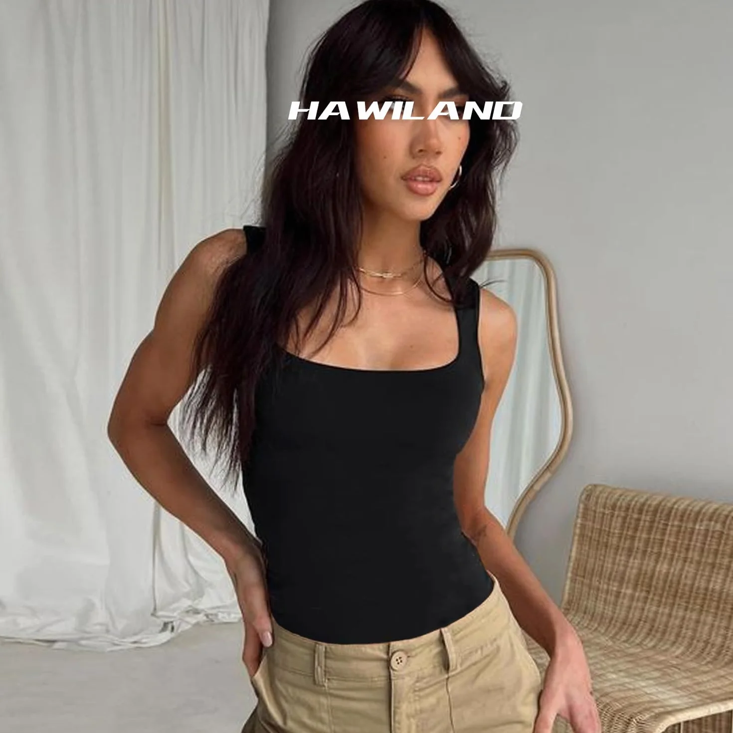 HAWILAND Body damskie, eleganckie, bez rękawów, kwadratowy dekolt, damskie body na lato, seksowny, nieprzezroczysty top