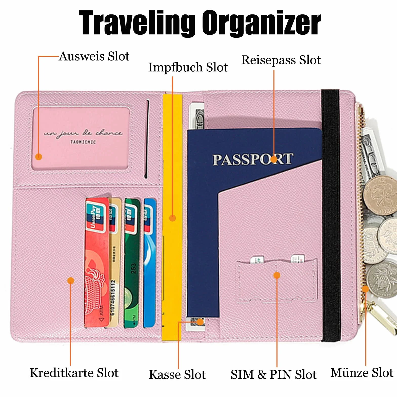 Etui na paszport, skórzany organizer podróżny z blokadą RFID, etui na paszport, wizytówki, karty kredytowe, karty pokładowe, Różowy (różowy A), 17 x 11 x 2.5 cm, portfel rfid
