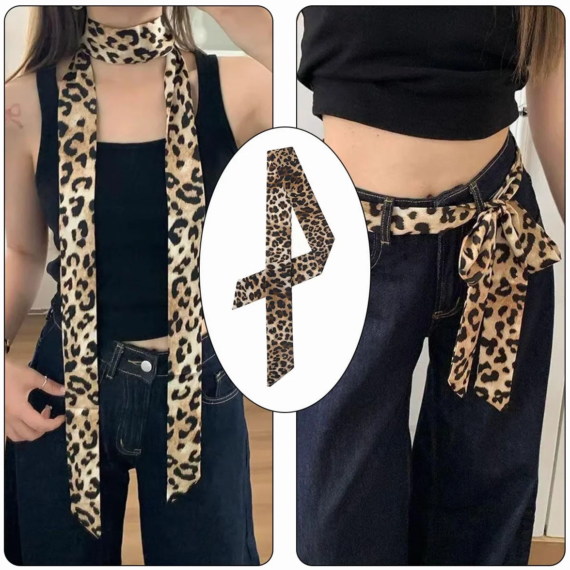 Cerioll Damski szalik skinny scarf, modna opaska na czoło, chusta na szyję, damski szal z lampartem, wąski jedwabny szalik, satynowa wstążka, jedwabna chusta krawat, ozdoba głowy, szal do włosów