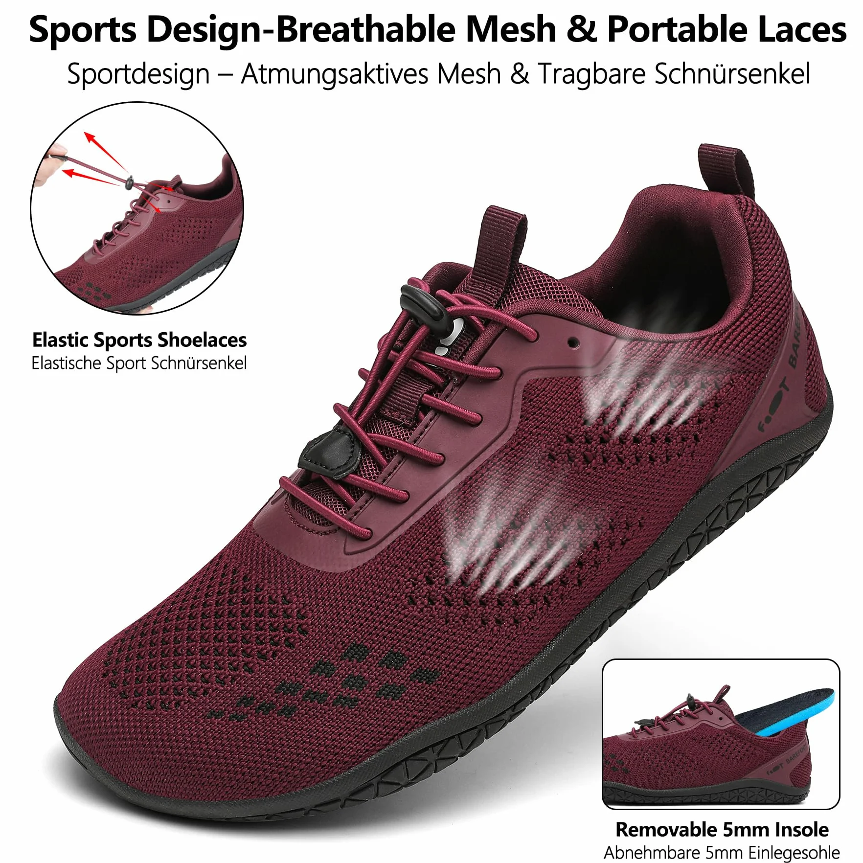 Geweo Buty Barefoot Męskie i Damskie Lekkie Wygodne Buty Sportowe Treningow z Szeroką Skrzynią na Palce Oddychające Buty do Biegania, do CrossFit z podeszwą Zero-Drop Unisex Burgund Czerwony 42EU