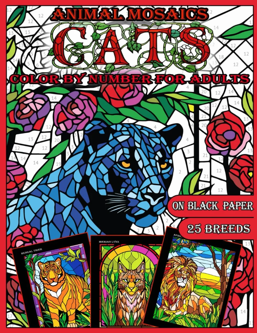 Mosaic Animals: Cats: Color by Number for Adults: Stained Glass Activity Coloring Book with Dazzling Dogs, Color Quest on Black Paper, Puzzle ... and Stress Relief |Black Background|: 3