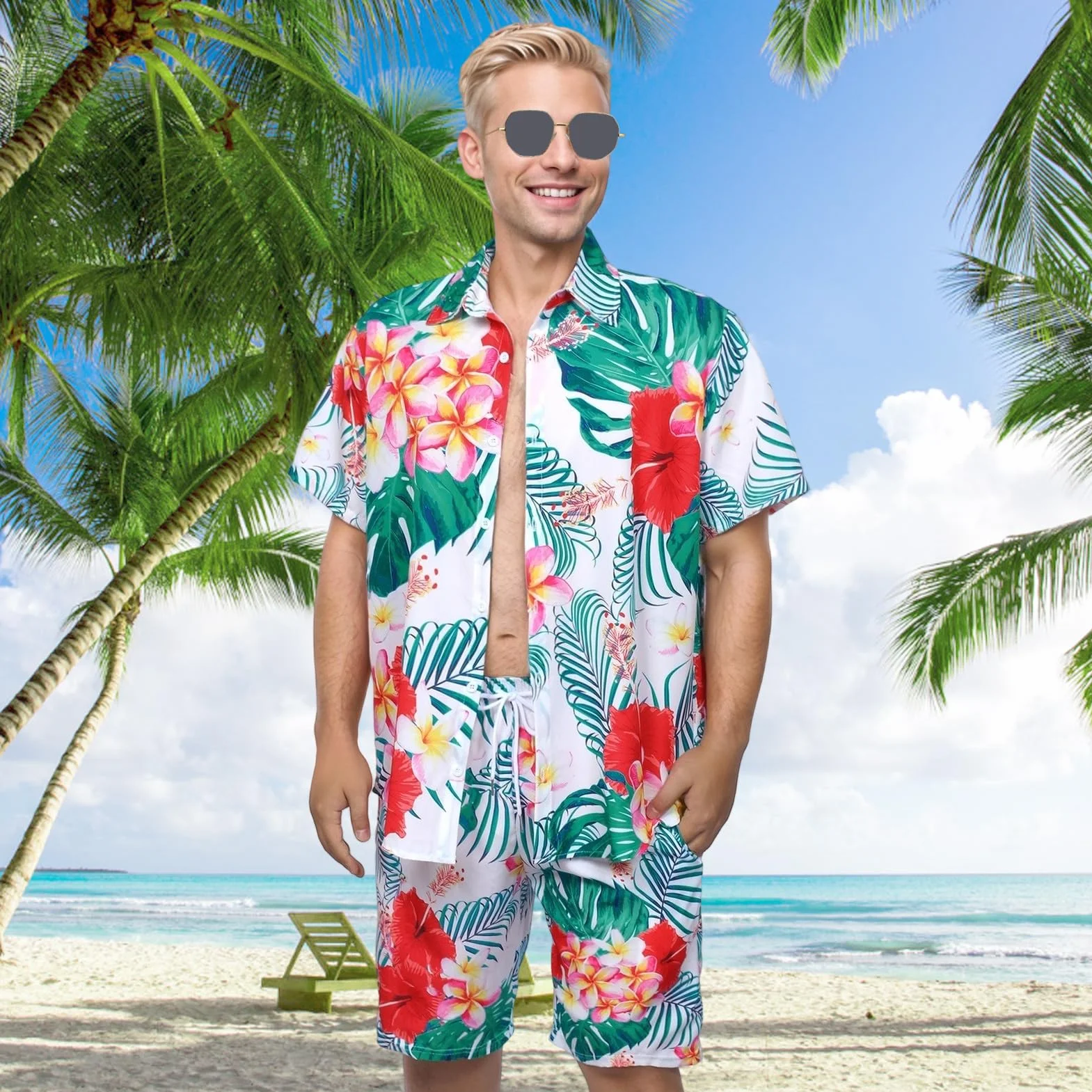 Hawajska koszula męska, kostium hawajski, na lato, koszula hawajska, z krótkim rękawem, na plażę, urlop, imprezę, festiwal