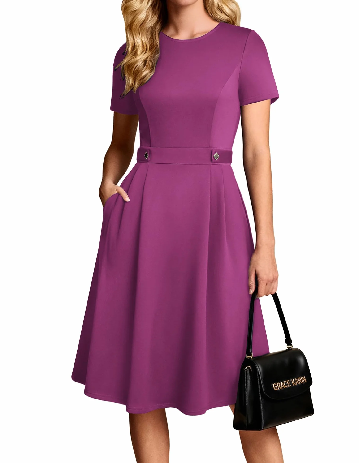 GRACE KARIN Elegancka sukienka damska, o linii A, okrągły dekolt, z kieszeniami, biznesowa, odświętna, rockabilly
