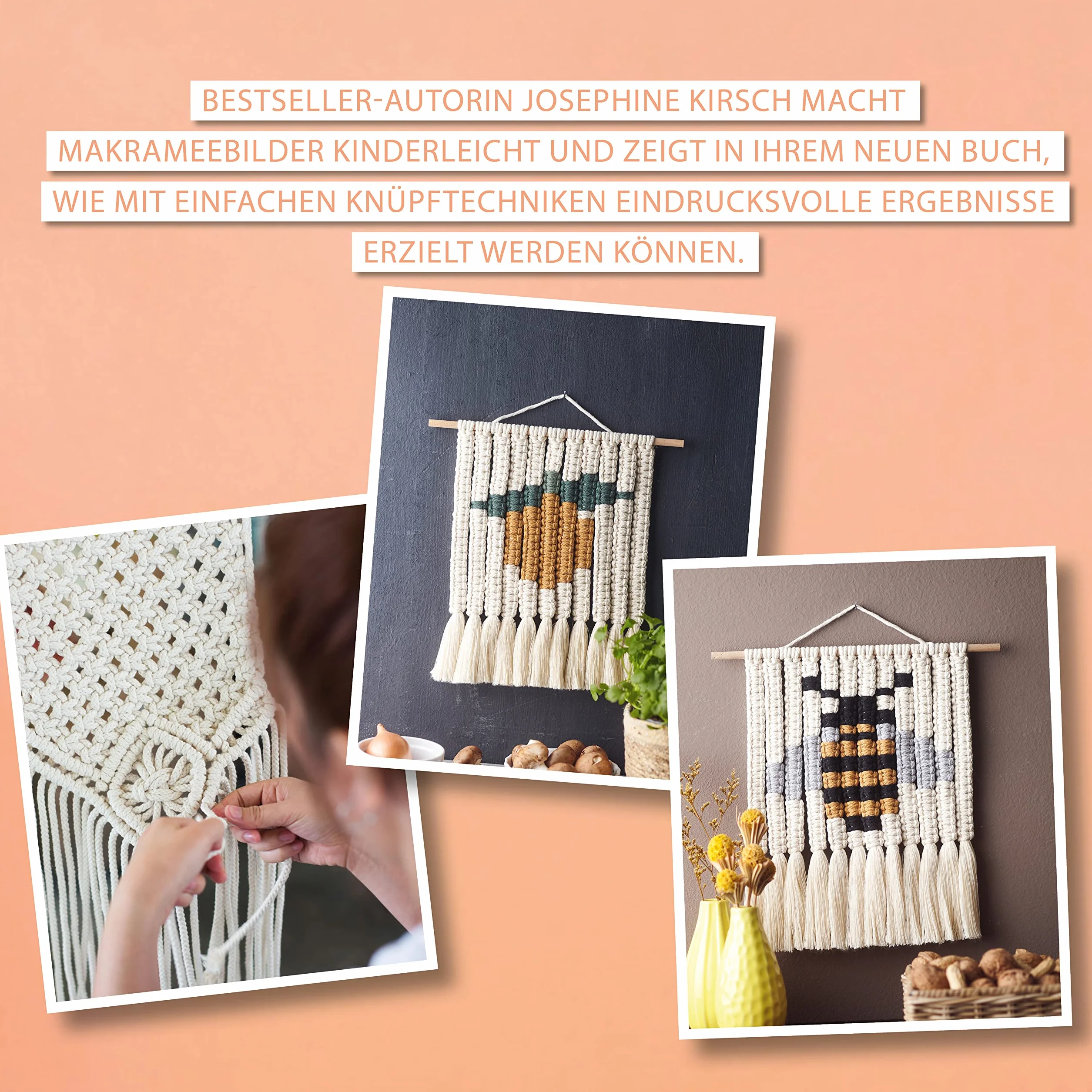 Makramee Wandbilder im Kreuzknoten-Design: Landschaften, Muster und Symbole ganz einfach geknüpft. Von der erfolgreichen Buchautorin Josephine Kirsch alias @yeah_handmade