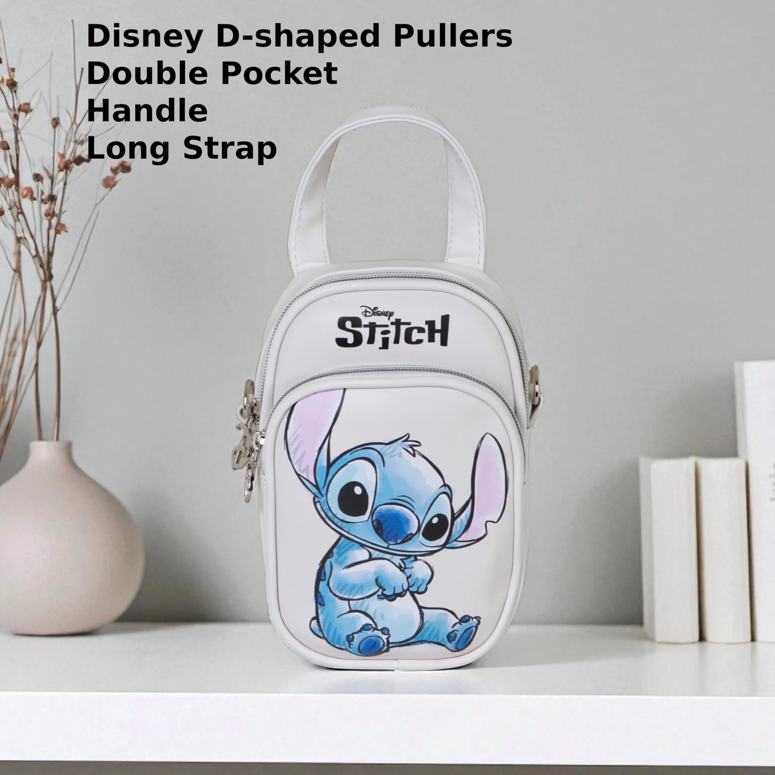 Disney Stitch mini torba na ramię z podwójną kieszenią - mała torebka damska 20 x 15 x 7 cm - kompaktowa beżowa konstrukcja z regulowanym paskiem i zamkami błyskawicznymi