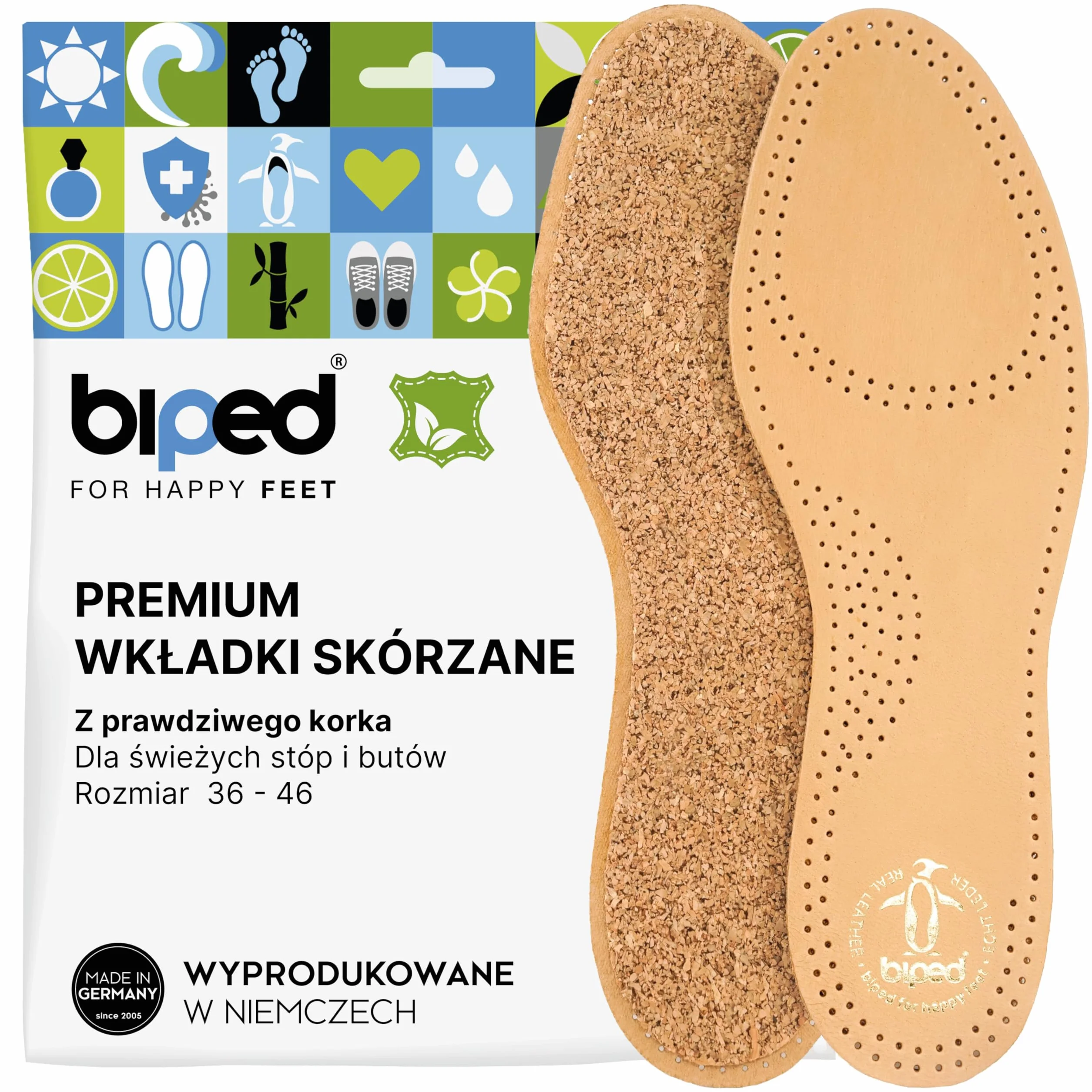 biped wkładki skórzane z korkiem naturalnym – wkładki ze skóry garbowanej roślinnie – przeciwdziałające poceniu się stóp wkładki z korka – do butów damskich i męskich z2229