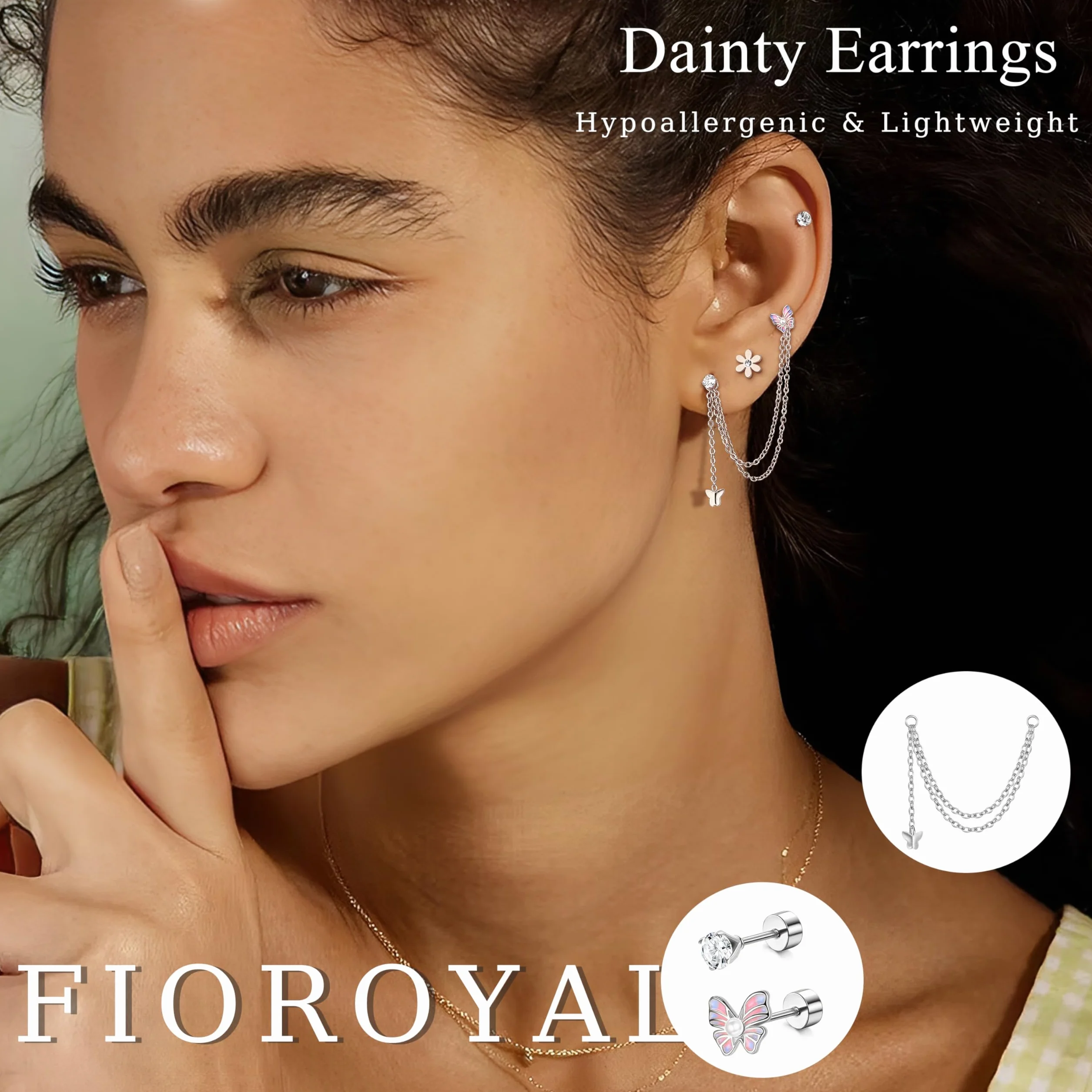 FIOROYAL Kolczyki do piercingu ucha, hipoalergiczne, ze stali chirurgicznej, dla kobiet, mężczyzn, małe, z płaskim tyłem, chrząstka, obręcz, łańcuszek, chrząstka, kolczyki, biżuteria, 27 szt.