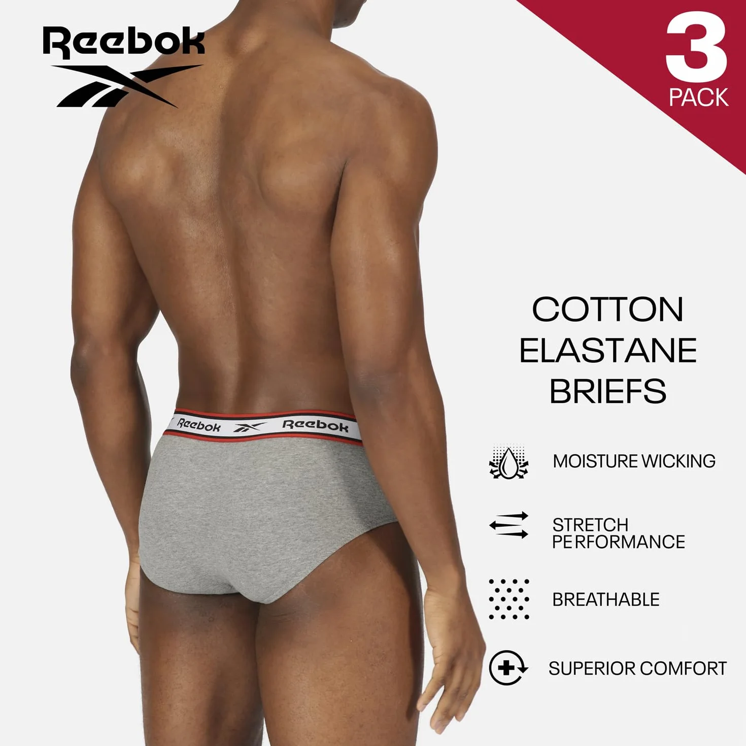 Reebok Majtki męskie (3 sztuki), Czarny/biały/szary, L