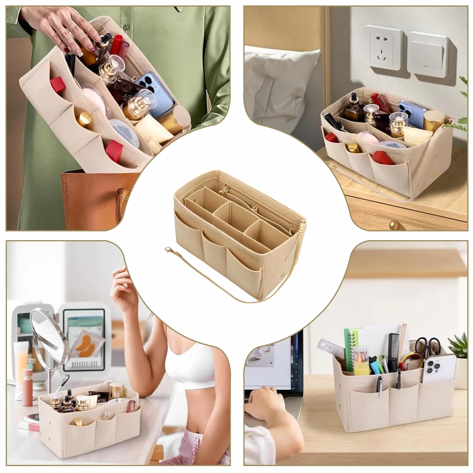 Beżowy filcowy organizer do torebki, wielofunkcyjna kosmetyczka, organizer do torebki, 2 w 1 wkład z oddzielnymi kieszonkami do torebek dla kobiet, średni (27 * 16 * 16 cm)