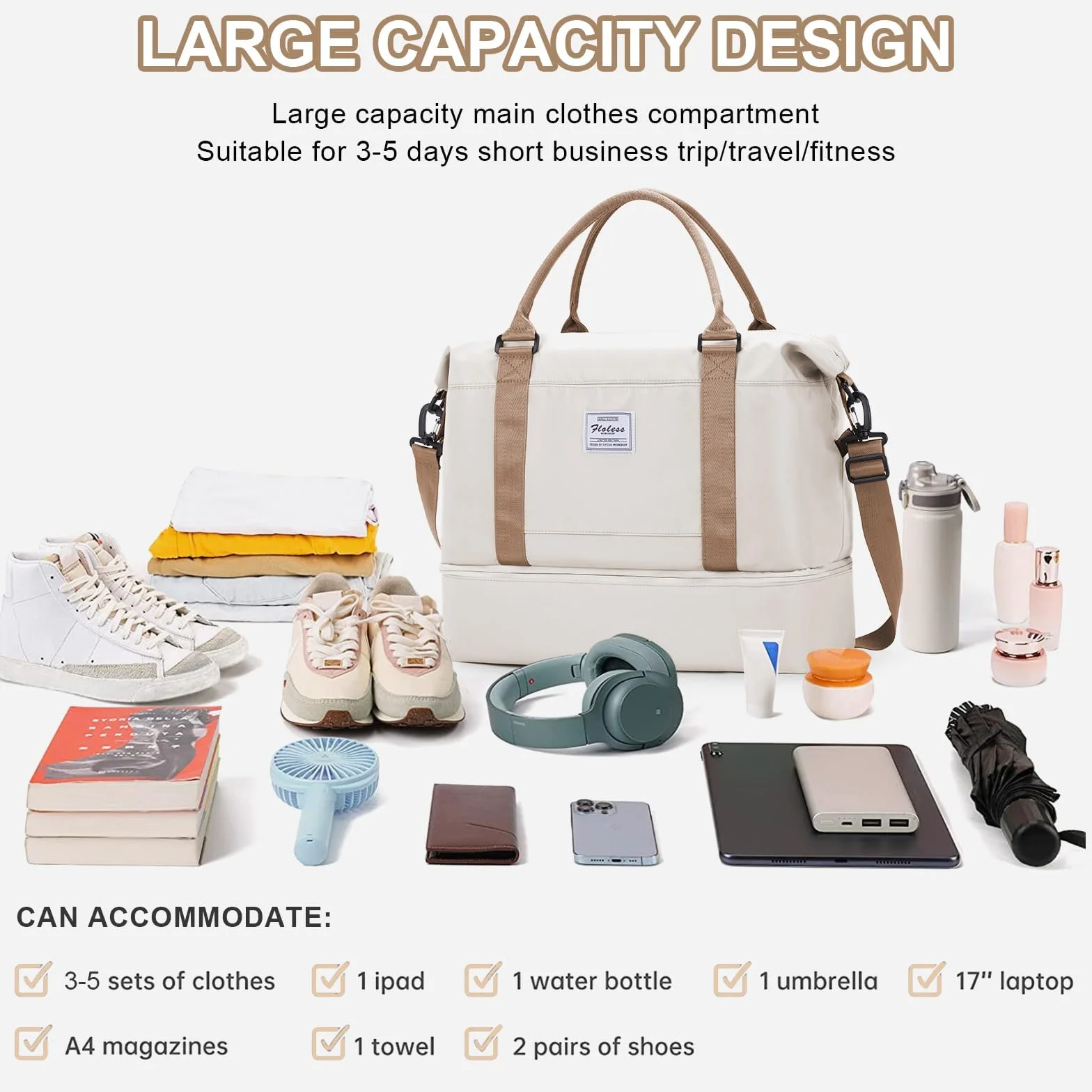 Torba Podróżna Damska 45x36x20 pour Easyjet Bagaż Podręczny Torba Kabinowa Torebka Weekendowa Sportowa dla Kobiet Meska z Przegródką na Buty Wasserdicht Torebka Treningowa,A01-Beżowy z Brązowym