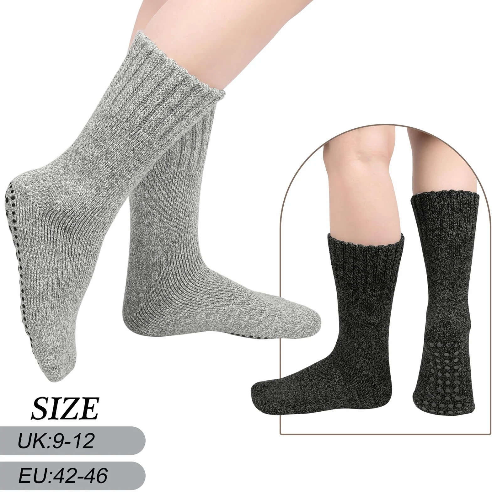 3-pak antypoślizgowych skarpet wełnianych z uchwytem, antypoślizgowe bawełniane skarpety zimowe dla mężczyzn i kobiet, grube skarpety do łóżka typu chunky slipper, antypoślizgowe skarpety z uchwytem