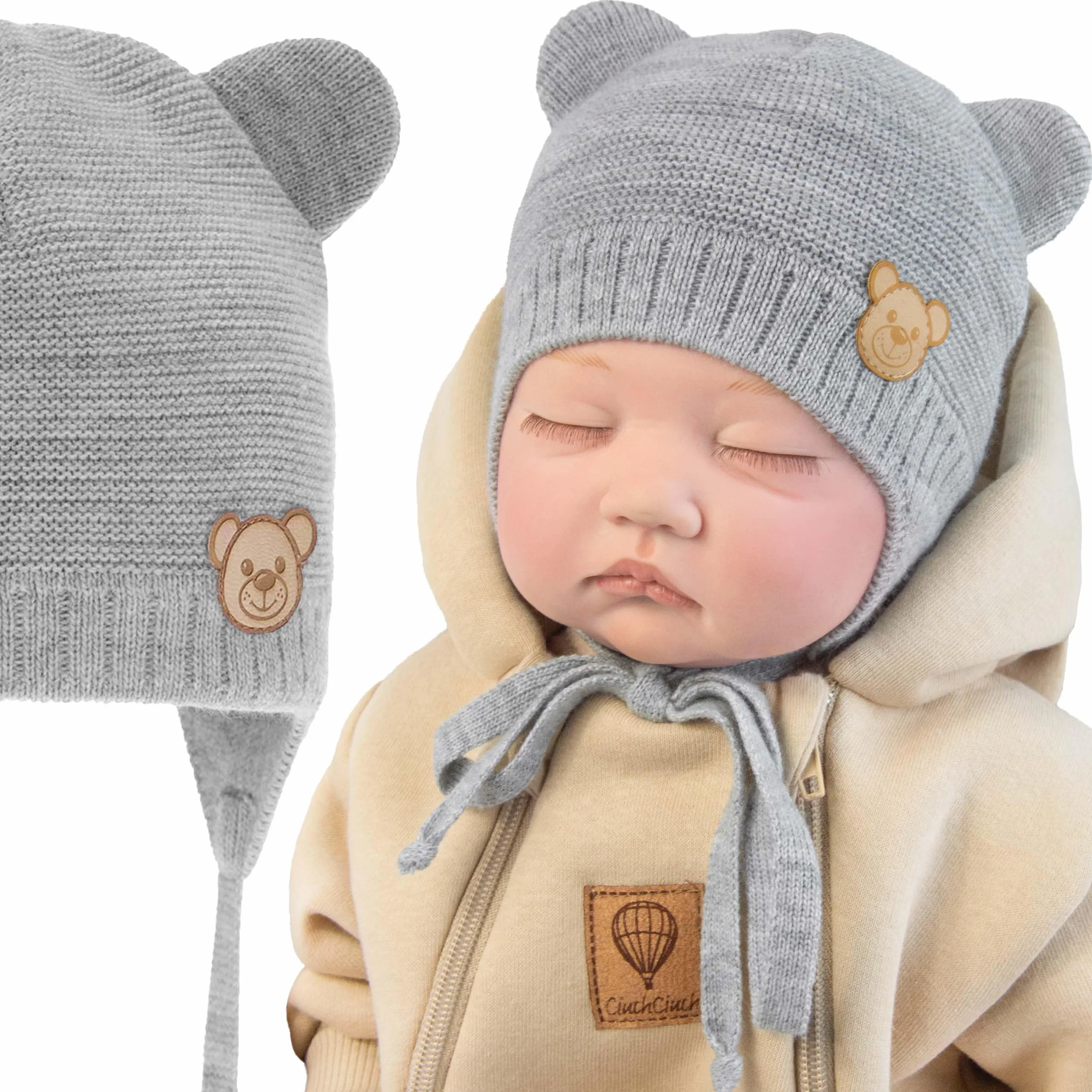 Czapka Niemowlęca z Uszami Wiązana - Czapka Zimowa dla Dziewczynki Chłopca Niemowlaki - Do Chrztu – 100% Akryl – Podszewka Bawełna Elastan –