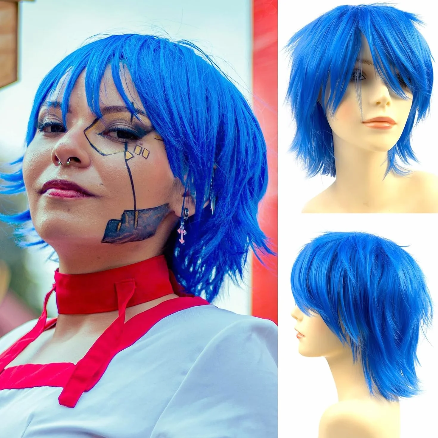 Luxiremi Cosplay Anime peruka z krótkimi włosami, niebieska, dla mężczyzn i kobiet, na Halloween, do kostiumu i karnawału
