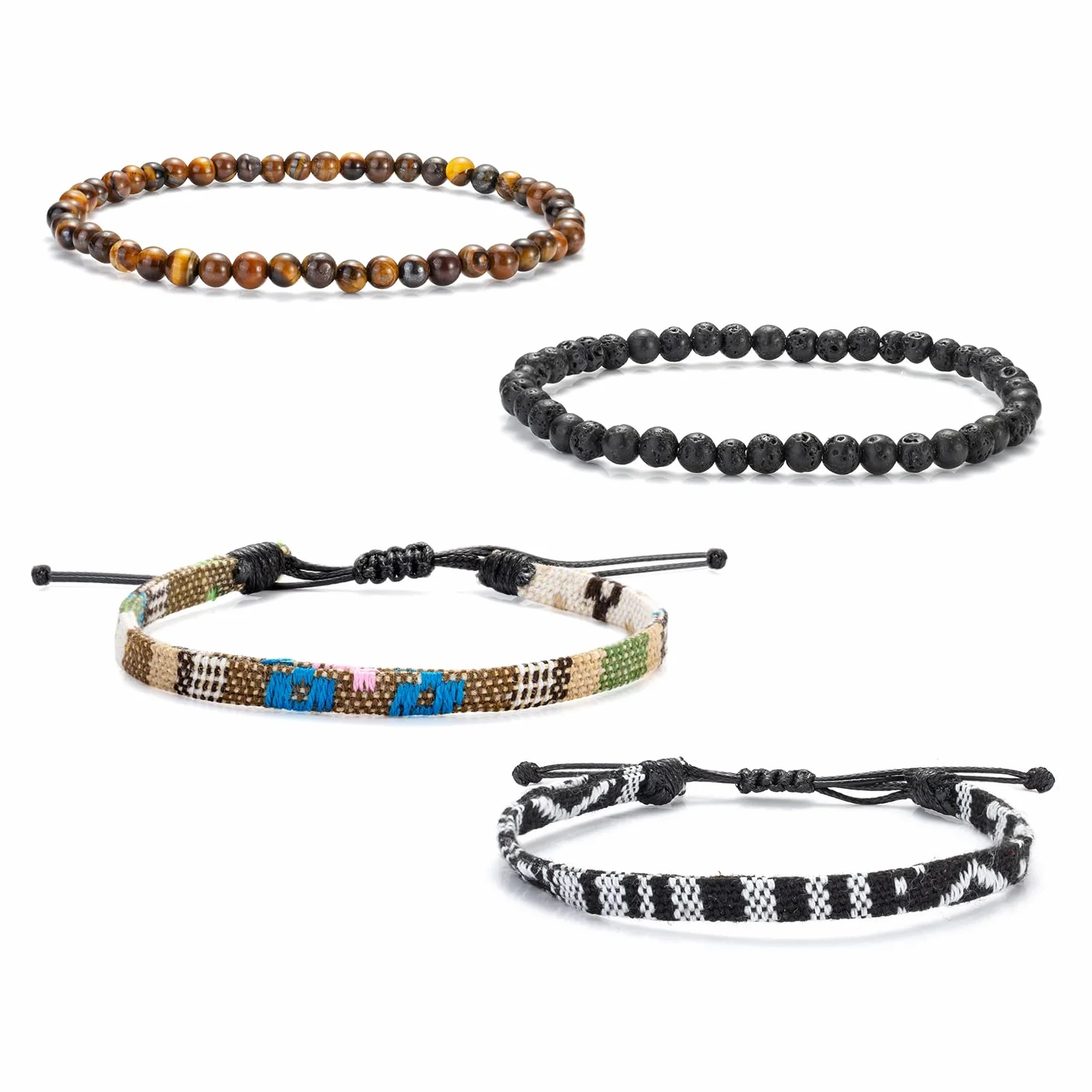 Zestaw 4 bransoletek w stylu boho dla surferów, kolorowe, w stylu etnicznym, pleciona tkanina, bransoletka plażowa, fajne tygrysie oko, wulkaniczne, koraliki, prezent dla mężczyzn i kobiet