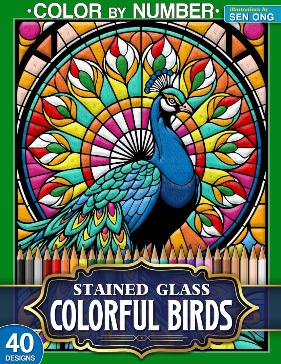Colorful Birds Stained Glass Color by Number: 40 Vibrant Designs for Bird Lovers and Nature Enthusiasts
