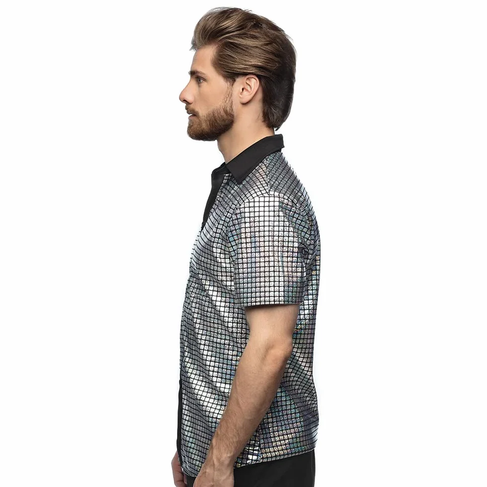 Boland - Disco Shirt, Silver, Disco Diamond Shirt, koszula męska z krótkim rękawem, koszula męska, top, koszula imprezowa na karnawał lub bal przebierańców
