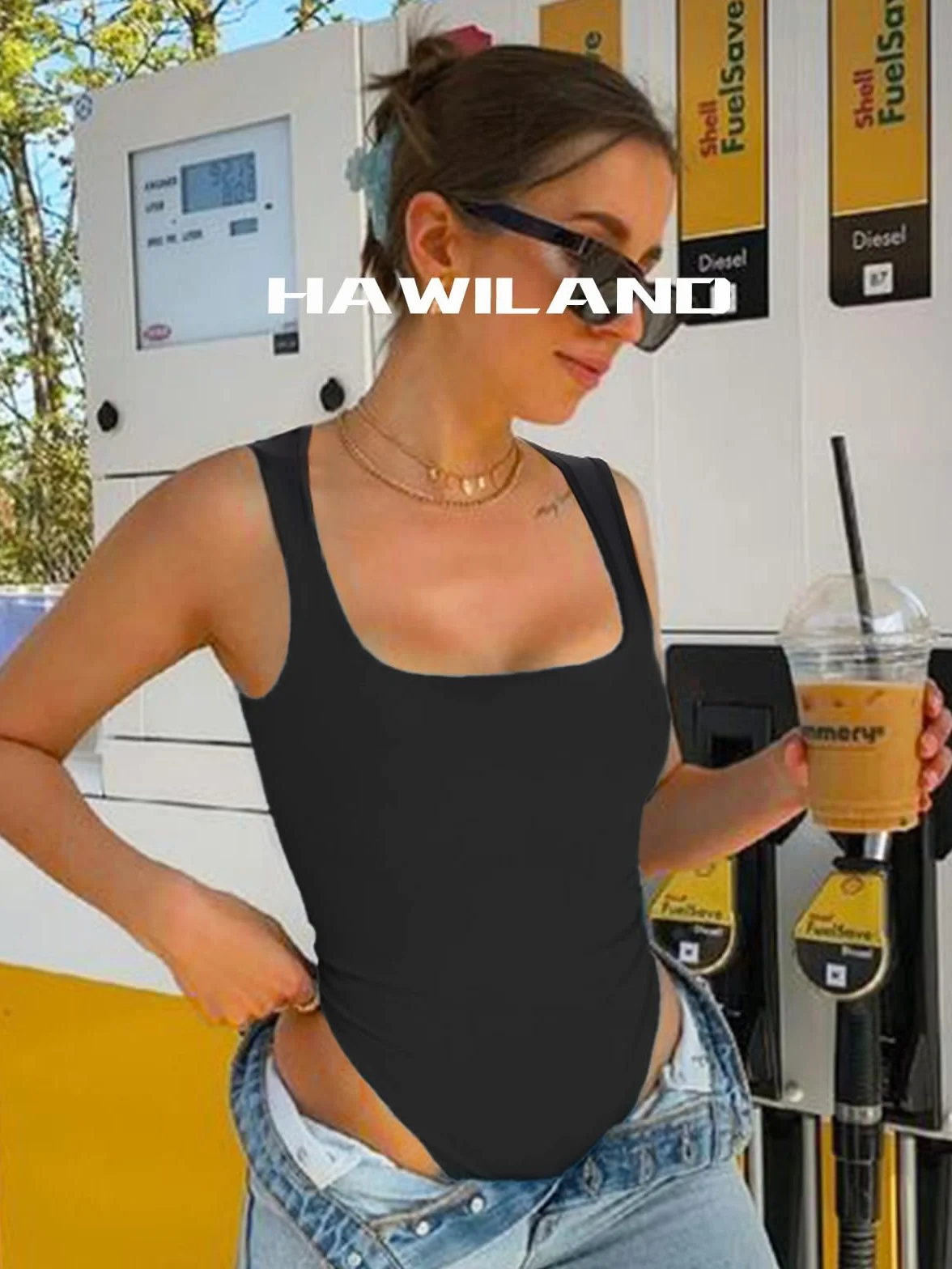 HAWILAND Body damskie, eleganckie, bez rękawów, kwadratowy dekolt, damskie body na lato, seksowny, nieprzezroczysty top