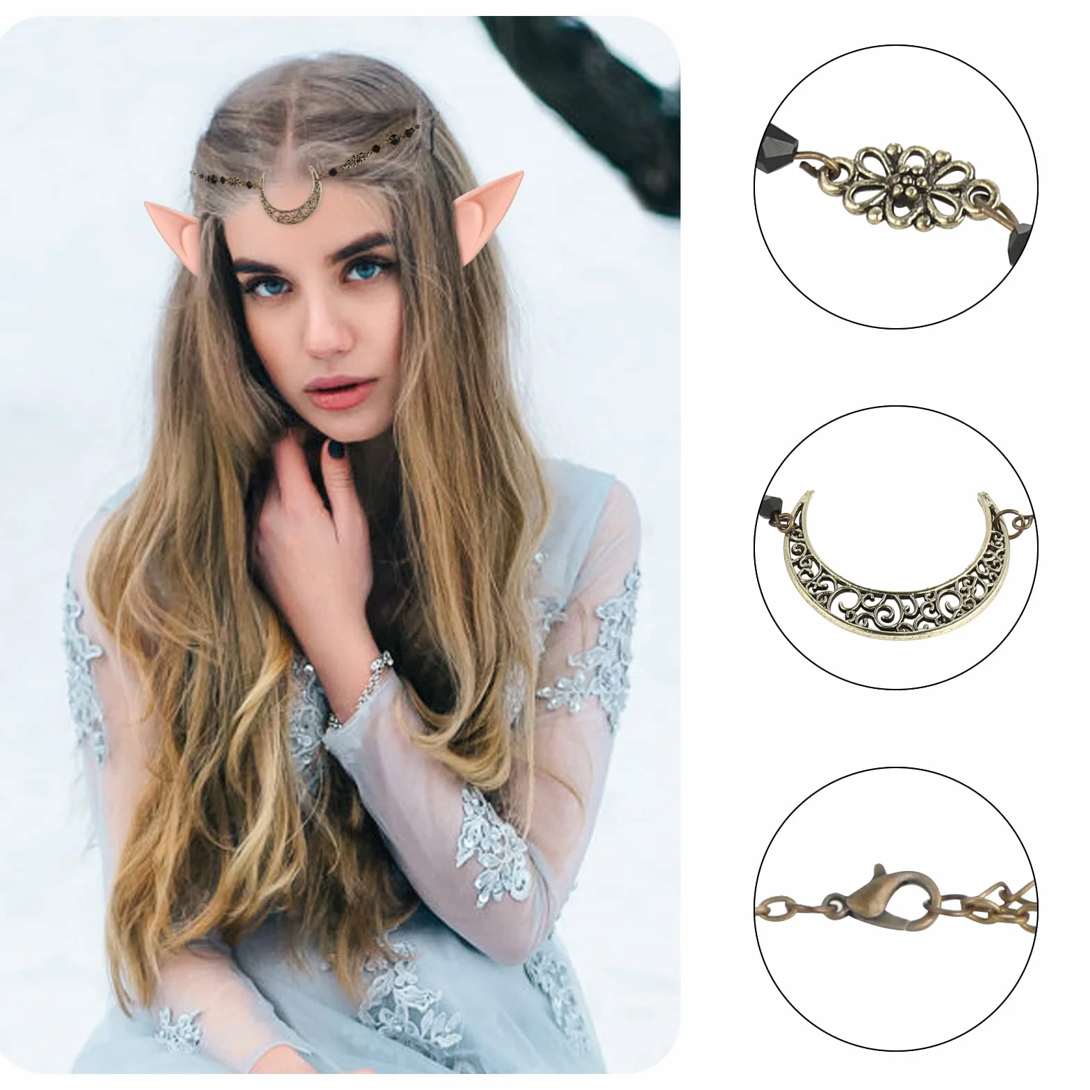 Biżuteria z uszami elfów, cosplay, wróżka, elf, ucho, księżyc, głowa, łańcuszek elf, retro, kryształowa tiara, ozdoba głowy, opaska na włosy, miękkie uszy elfów, kostium damski
