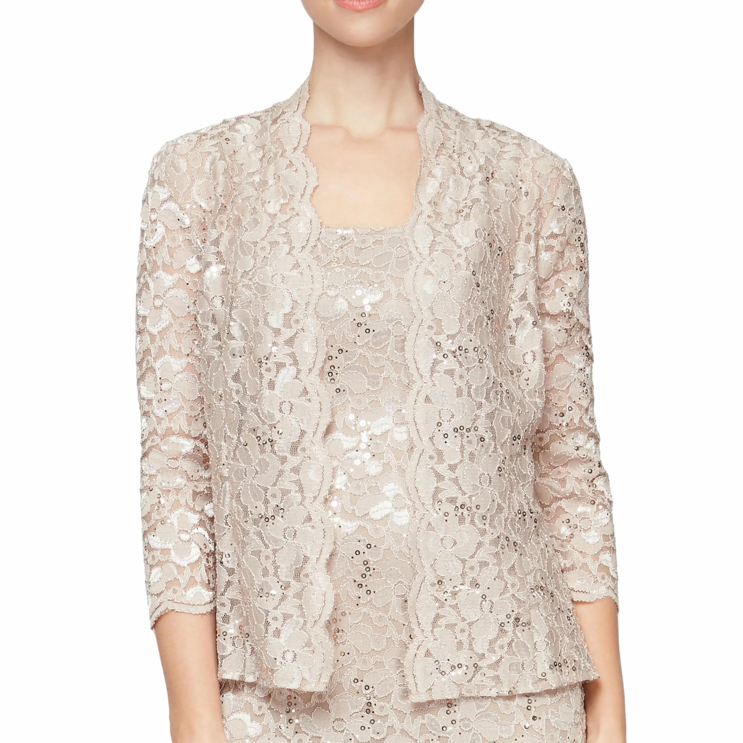 S.L. Fashions Women's Tea Length Sequin Lace Special Occasion Dress with Illusion Sleeve Jacket (Petite and Regular Sizes), Champagne, 14