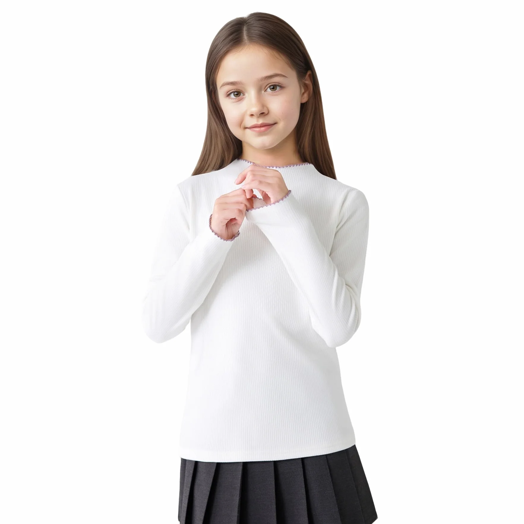 Dziewczęca koszulka termiczna, długi rękaw, ciepła koszulka bazowa, półokrągły dekolt z falbanką slim fit, miękki, swobodny sweter szkolny dla dziewczynek w wieku 7-13 lat