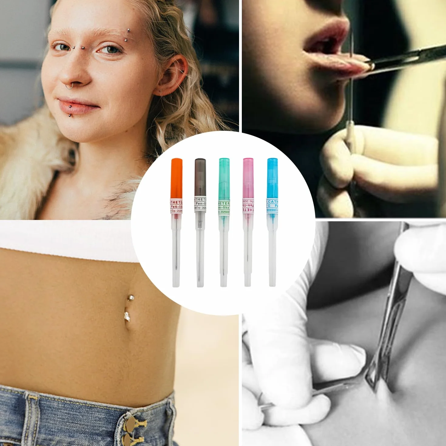 10 igieł, 4 kolczyki z zatyczkami do uszu, igły do piercingu uszu i nosa, zestaw narzędzi