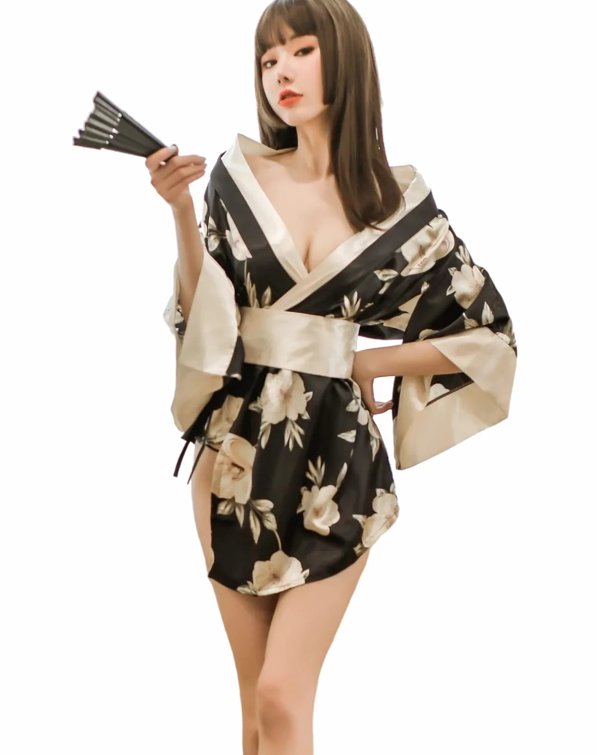 SINROYEE Damski szlafrok kimono seksowna bielizna zestaw azjatycki styl odzież domowa piżama satynowa koszula nocna szlafrok anime cosplay, Czarny, rozmiar uniwersalny