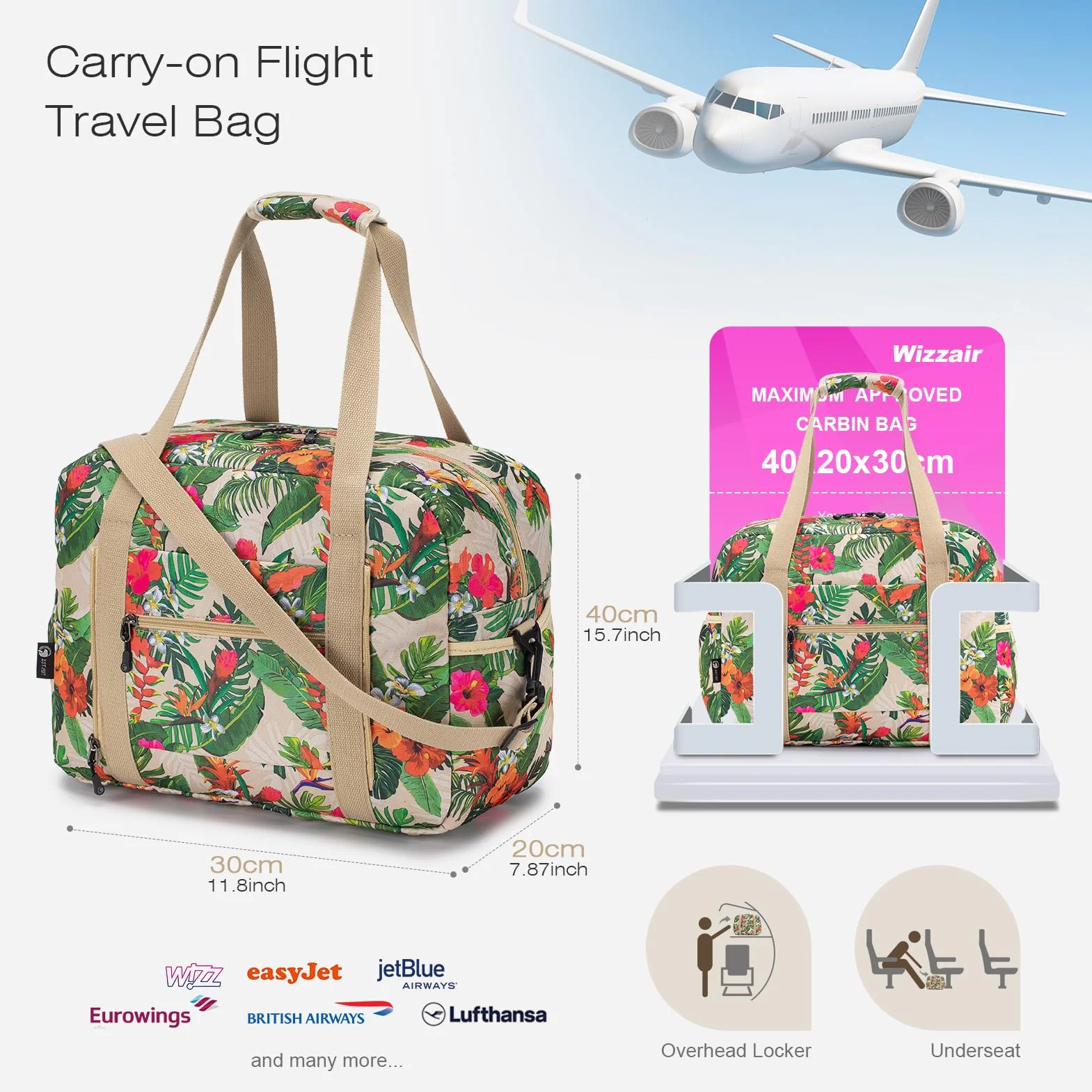 SPAHER Torba Kabinowa 40x30x20 Wizzair Tui Airways Składana Torba Podróżna Bagaż Kabinowy Torba Podręczna Bagaż Podręczny Mała Torebka pod Siedzeniem 25L Torba Sportowa Weekendowa z 1 Kosmetyczką