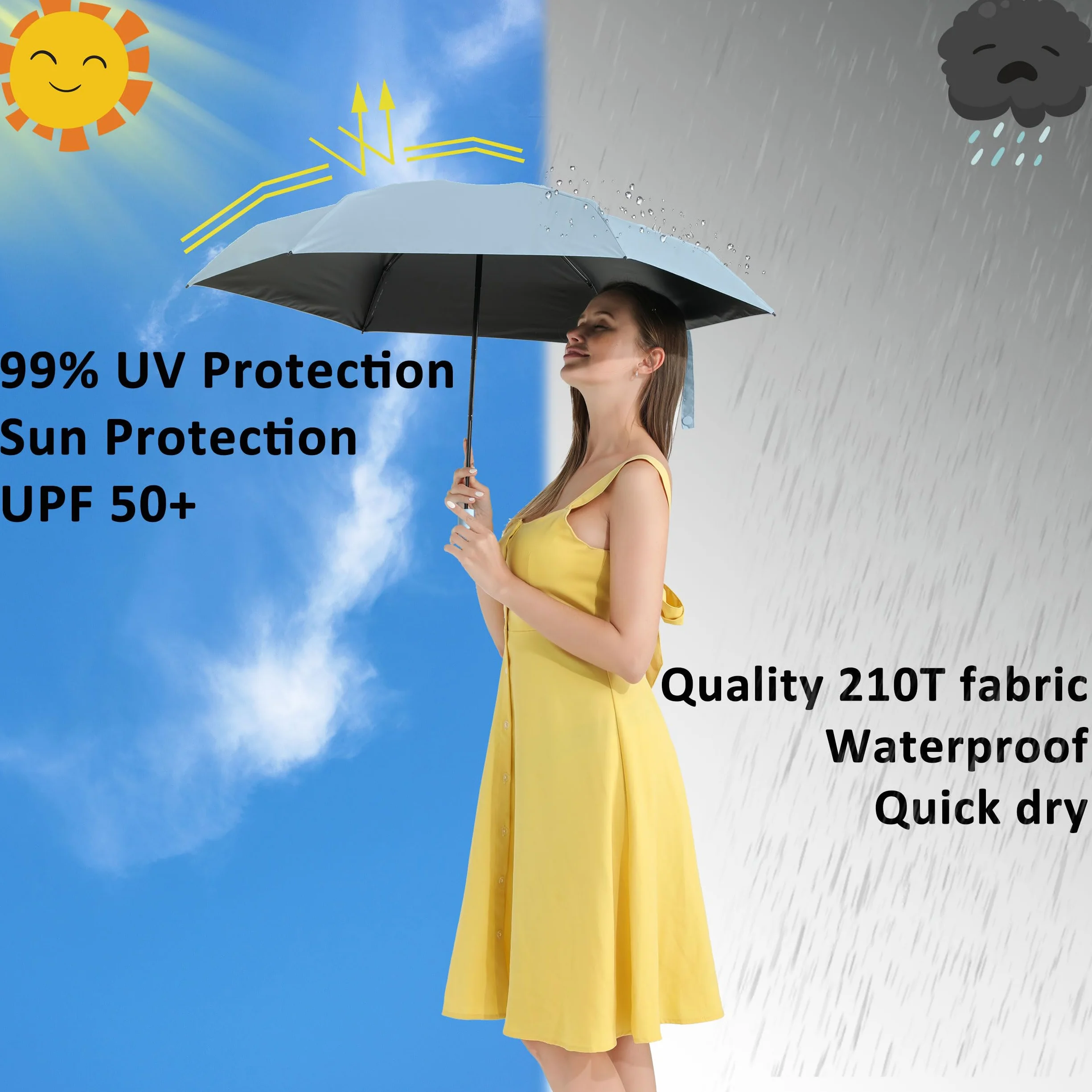 BAODINI Mały parasol podróżny chroniący przed promieniowaniem UV, kompaktowy, na deszcz i słońce, UPF 50+, wiatroszczelny, przenośny, 106 cm, dla kobiet i mężczyzn