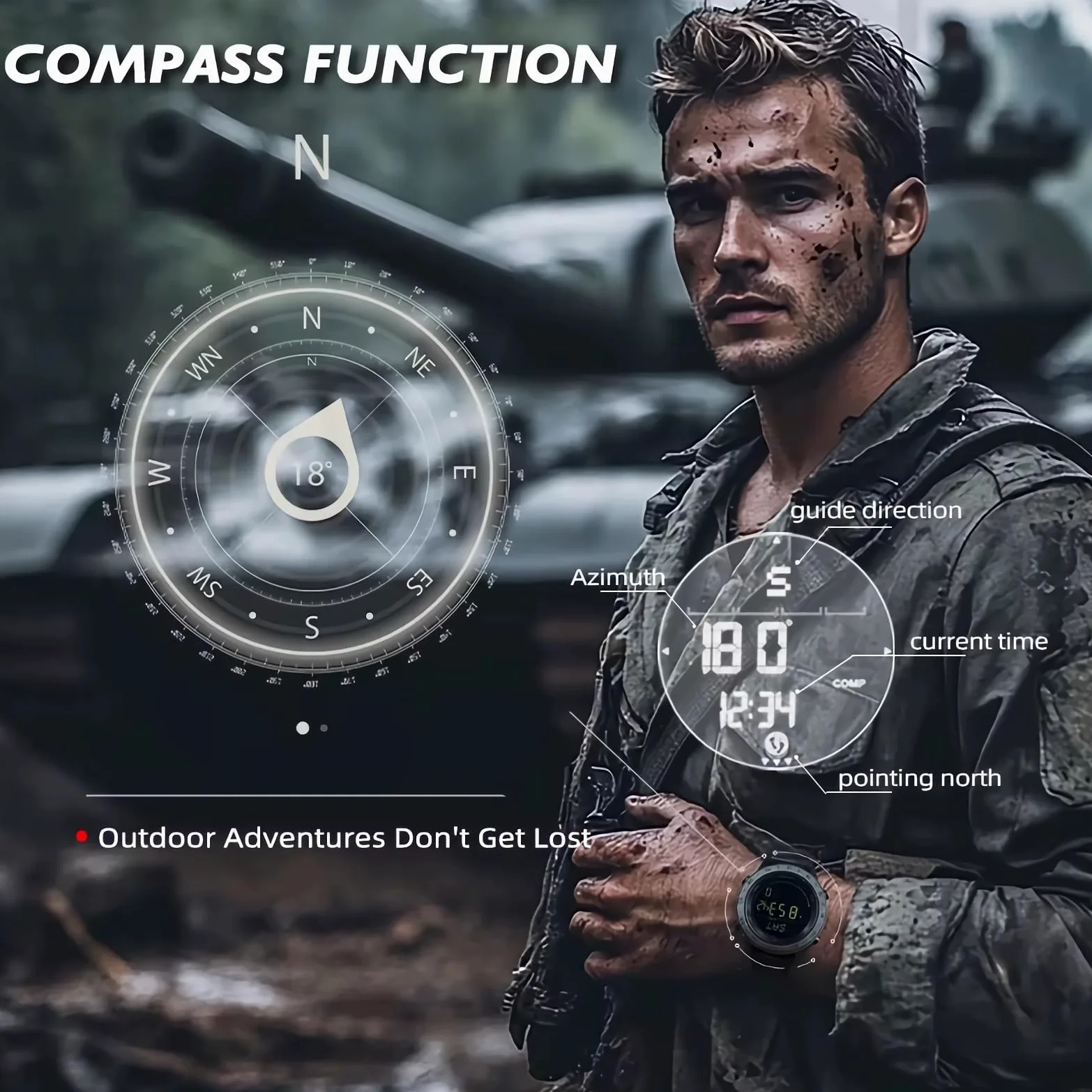 Taktyczne zegarki sportowe dla mężczyzn outdoorowe survival wojskowy kompas rock solidne cyfrowe zegarki z trwałym paskiem, krokomierz