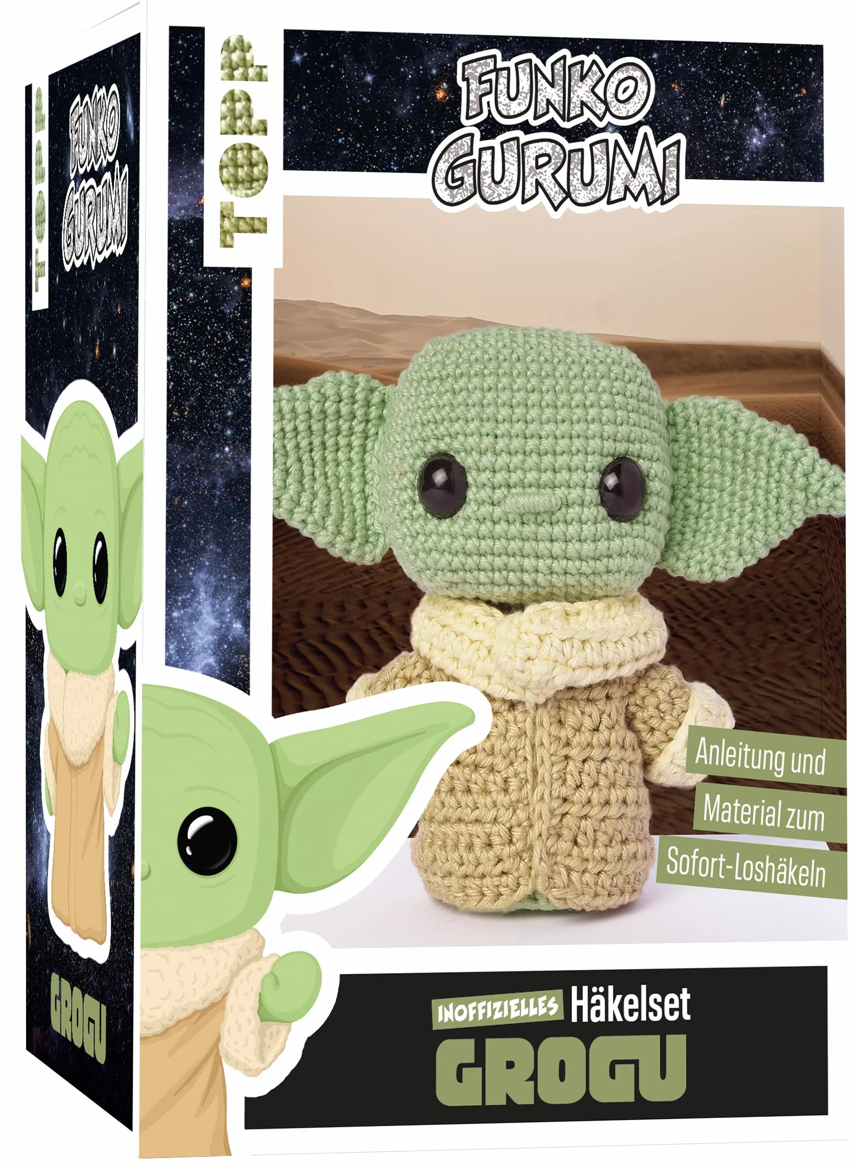 Funkogurumi Grogu. Das inoffizielle Häkelset: Anleitung, Misch-Garn in 3 Farben, Füllwatte, Häkelnadel 2,5 mm, Sicherheitsaugen, Maschenmarkierer, Wollnadel