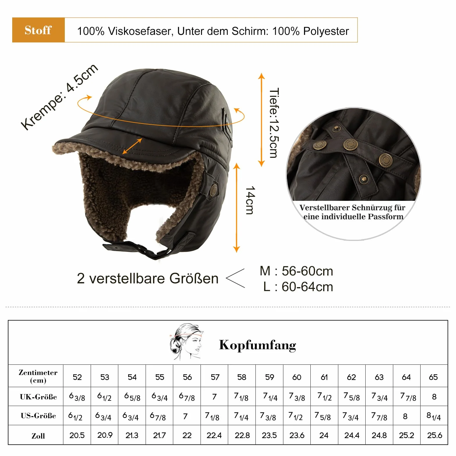 Comhats Ciepła czapka traperska męska ze sztucznej skóry bomberka kapelusz unisex czapka lotnicza czapka futrzana, 99708_Coffee braun, L-XL