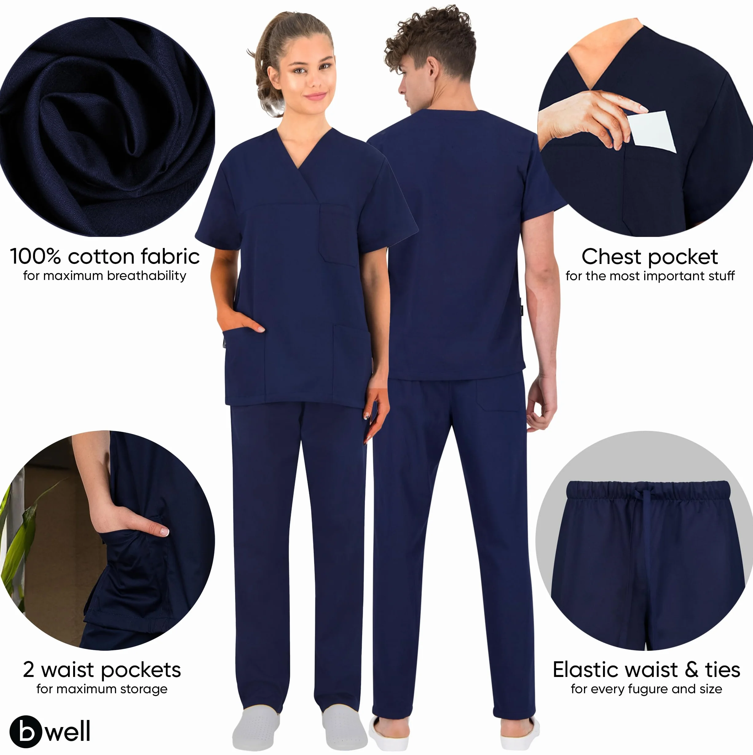 B-well Morelli 100% bawełna unisex zestaw do szorowania kasak + spodnie wsuwane zestaw lekarski mundur bawełniany top ze spodniami, medyczna odzież robocza