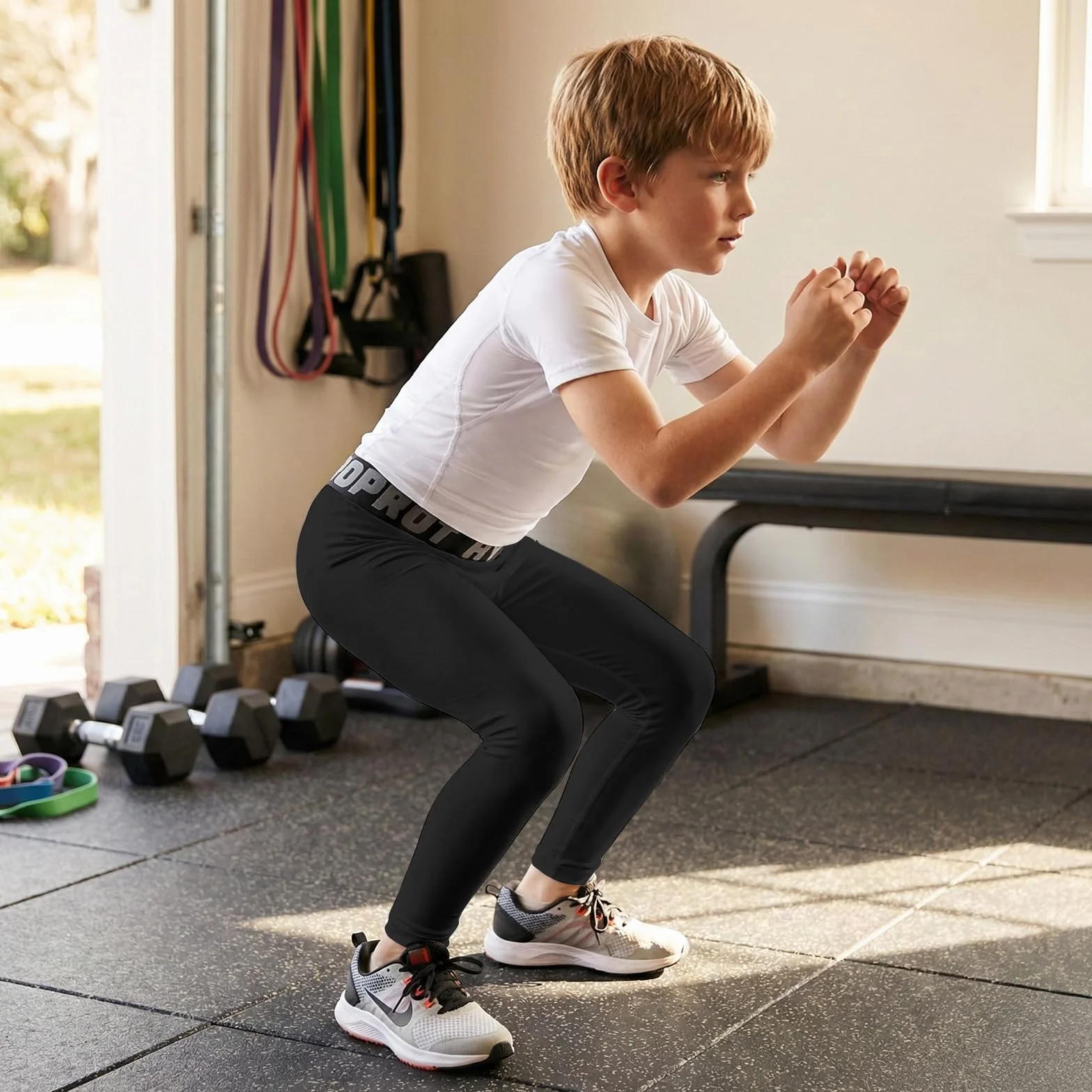 HYCOPROT Chłopięce spodnie kompresyjne, oddychające, sportowe, szybkoschnące, funkcyjne, bielizna termiczna, bielizna sportowa, do biegania, piłki nożnej, koszykówki