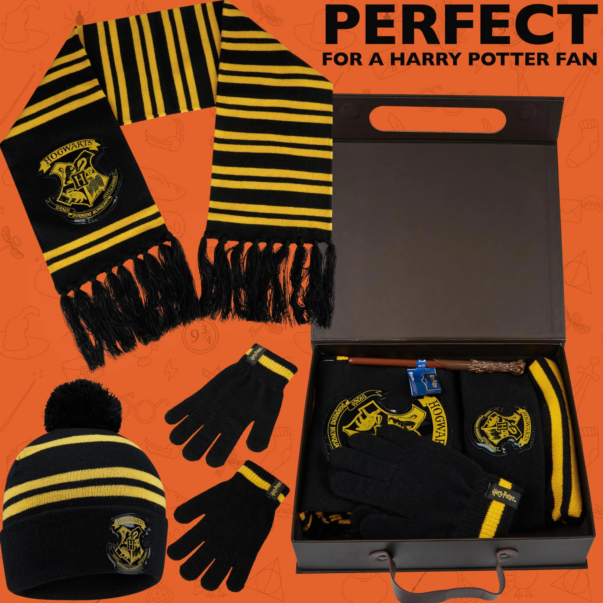 Harry Potter Zestaw zimowy 4 szt. - szalik, czapka beanie, rękawiczki, różdżka dla dzieci - akcesoria do Hogwartu, kostiumy, prezenty dla dzieci