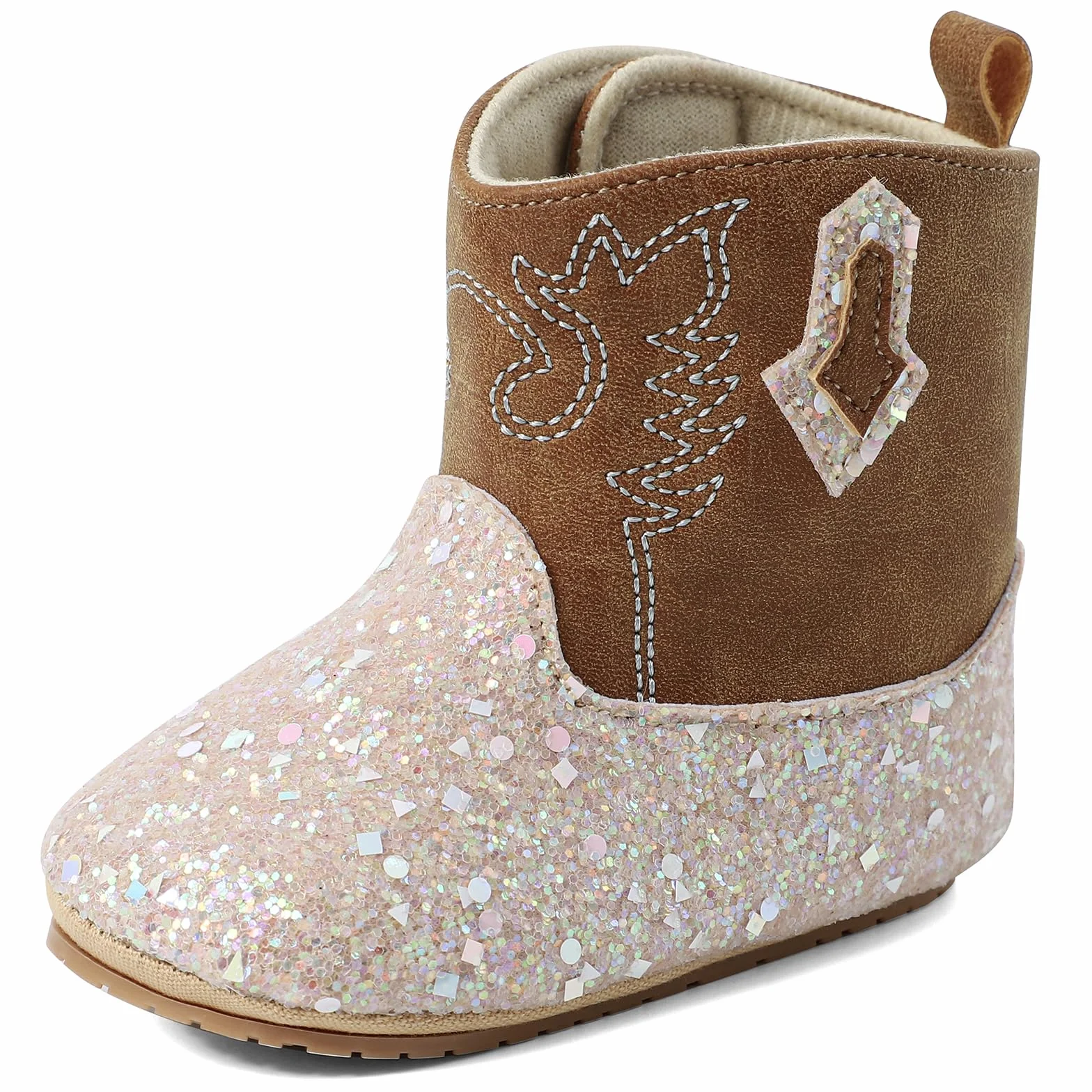 LACOFIA Buty niemowlęce dla dziewczynek, buty do nauki chodzenia, Bling Bling Bootie, kowbojki, buty westernowe z antypoślizgową miękką podeszwą, dla dzieci w wieku 3-18 miesięcy