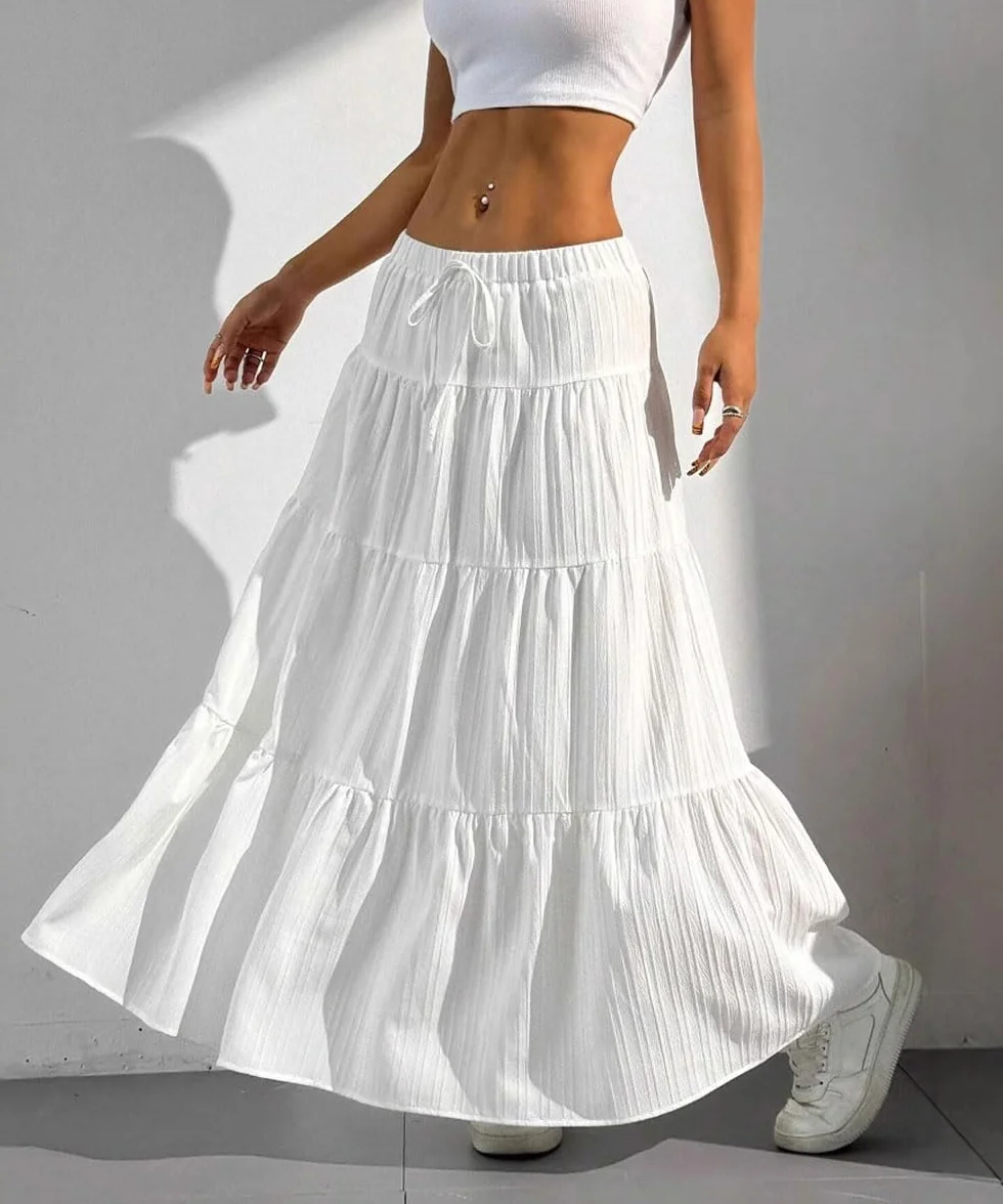 Spódnica damska, długa, z wysoką talią, elegancka spódnica maxi, linia A, elastyczna warstwa, spódnica midi do noszenia w czasie wolnym, jednokolorowa (wielokolorowa, S-XL)