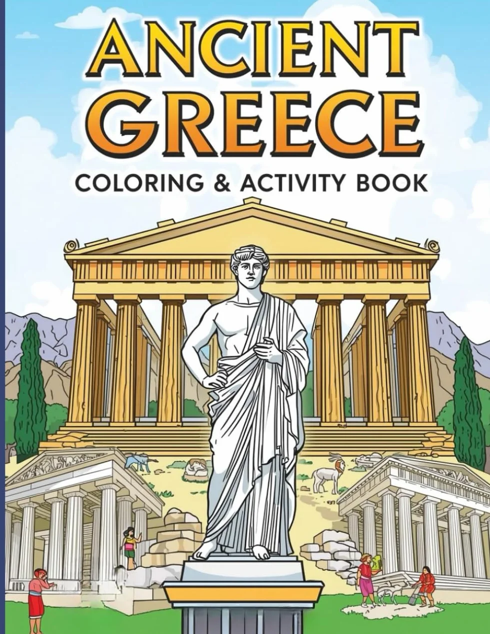 Ancient Greece Colouring & Activity Book for Kids: 40+ Coloring Pages, 6 Crosswords, and 6 Word Searches | Fun Mythological Adventures and History for Children Ages 7-12