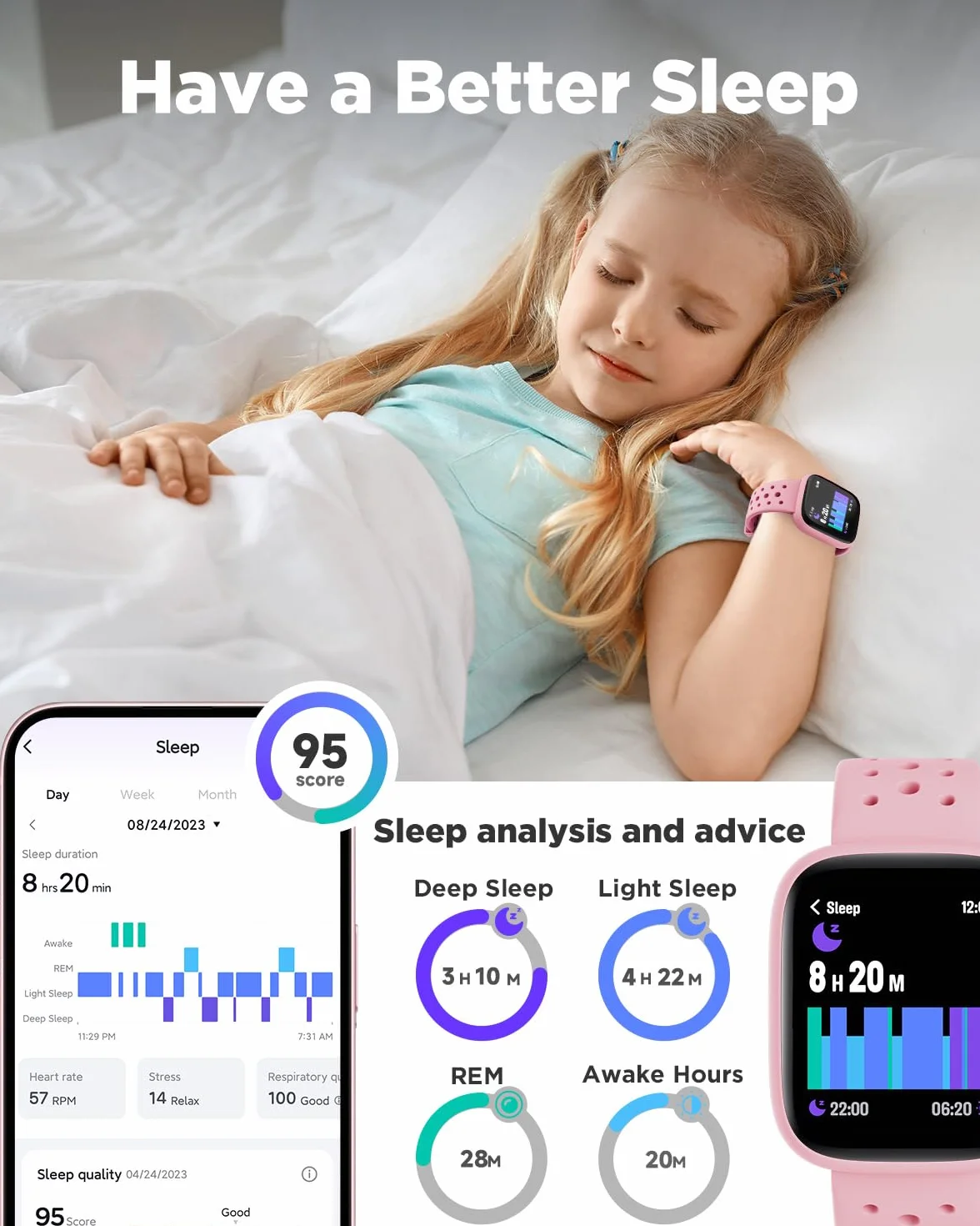 Biggerfive Smartwatch dla dzieci, 1,8-calowy zegarek fitness z krokomierzem, 24/7 pomiar tętna, monitor snu, alarm wibracyjny, klasa wodoszczelności IP68, gry logiczne z/bez aplikacji, dla dziewczynek