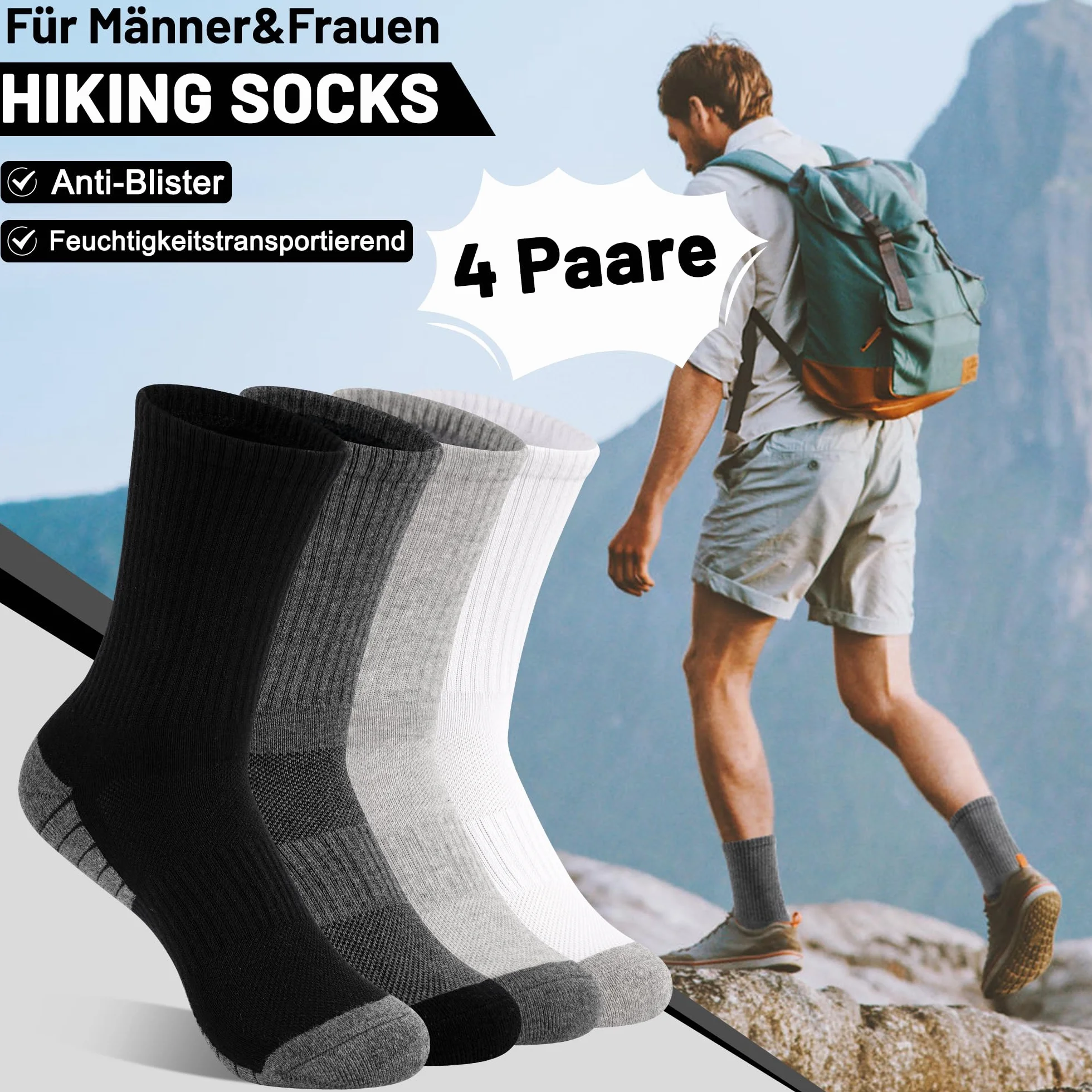 HYCLES Skarpety trekkingowe męskie i damskie, skarpety funkcyjne, męskie, oddychające, bawełniane, sportowe, 4 pary
