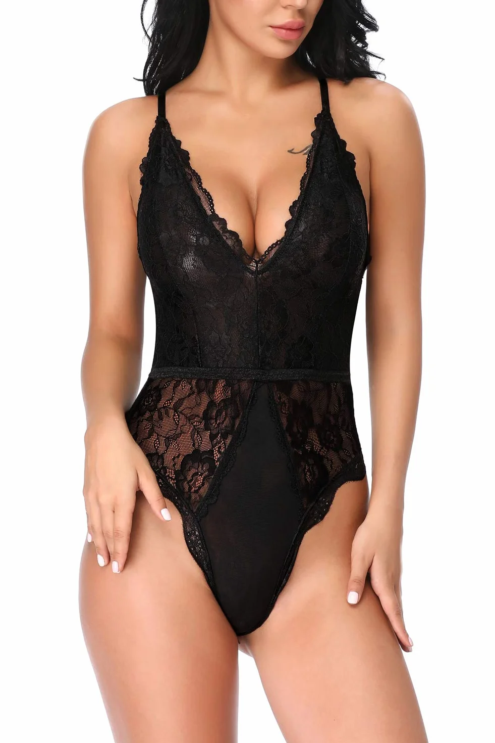 EVELIFE Damska seksowna bielizna Teddy One Piece Lace Babydoll Body z głębokim dekoltem w serek