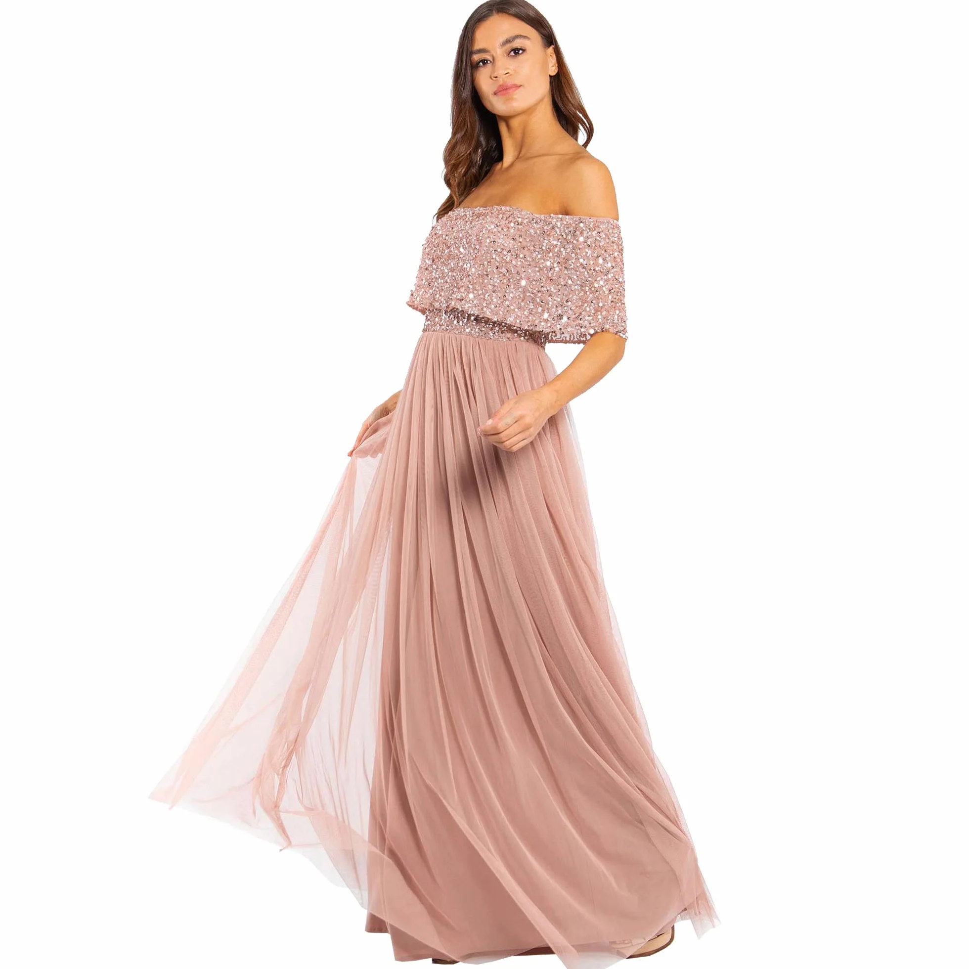 Maya Deluxe Miękka szara sukienka bardot Embellished Maxi dla druhny, kobiety