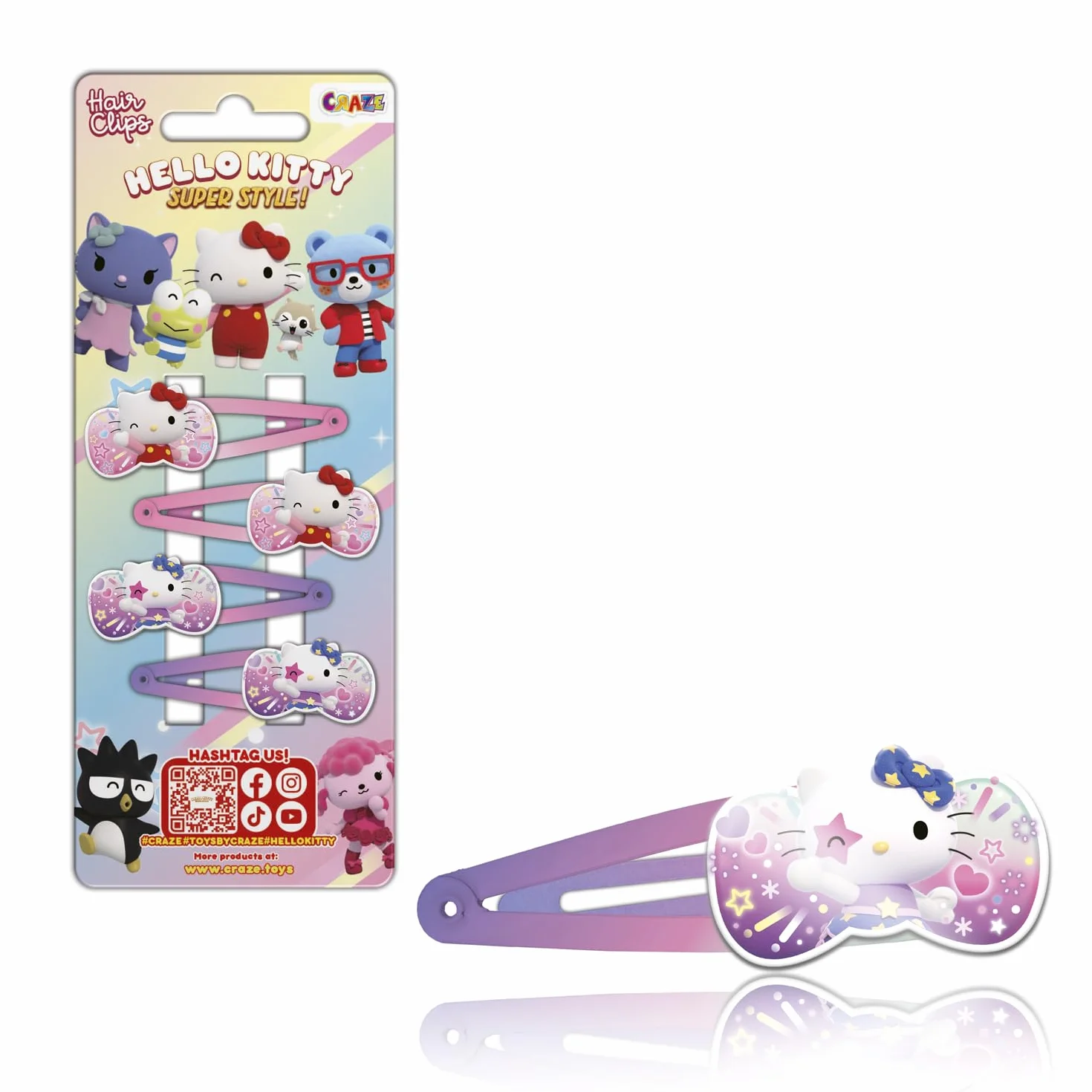 CRAZE Hello Kitty Hair Clip, 4 spinki do włosów dla dziewczynek Hello Kitty, Haczyki do włosów dla dziewczyn, 2 różne wzory (2 sztuki każdego), kolorowe klipsy