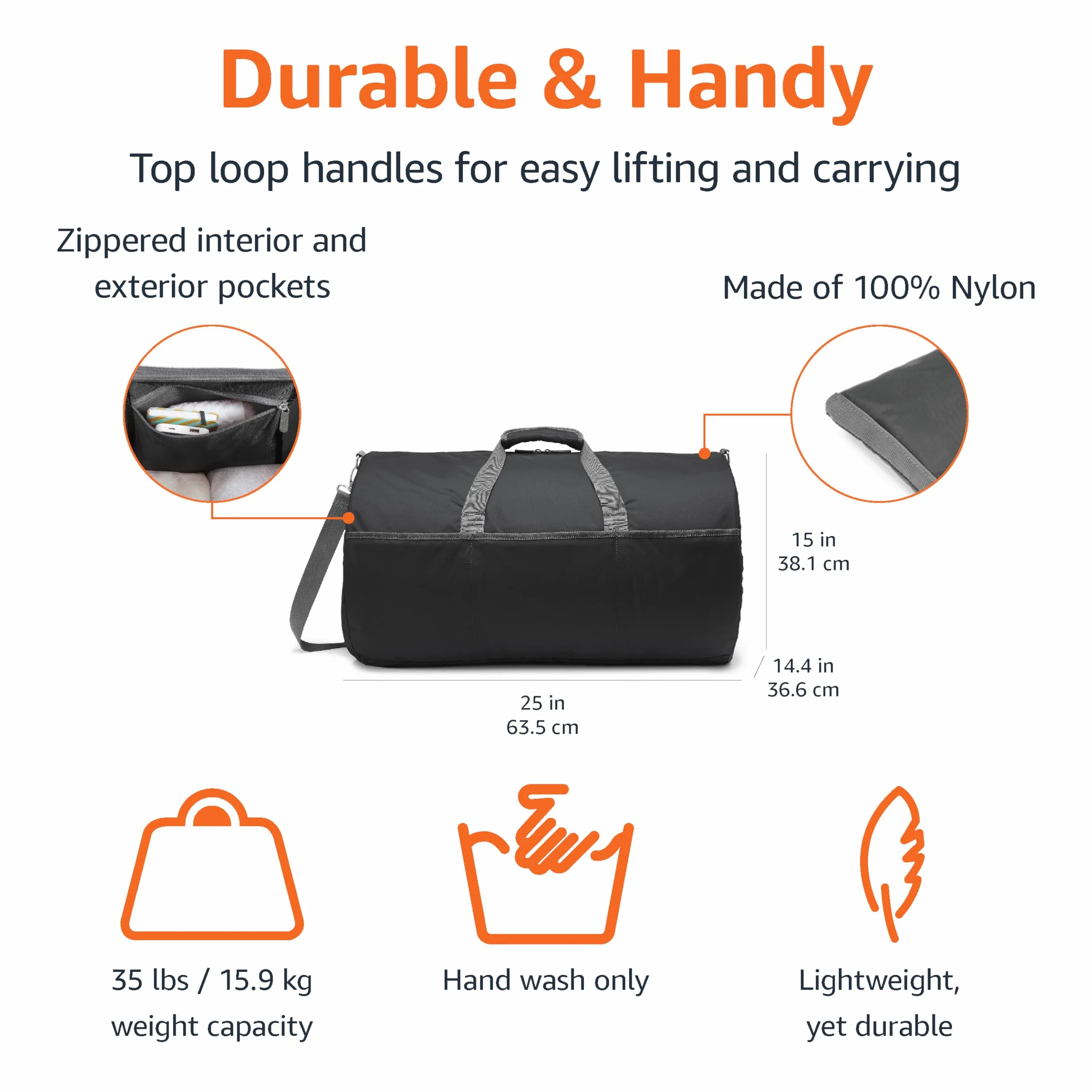 Amazon Essentials Home_Lifestyle torba sportowa, czarna, 61 cm, torba sportowa, Czarny, 25 Inches, Torba sportowa