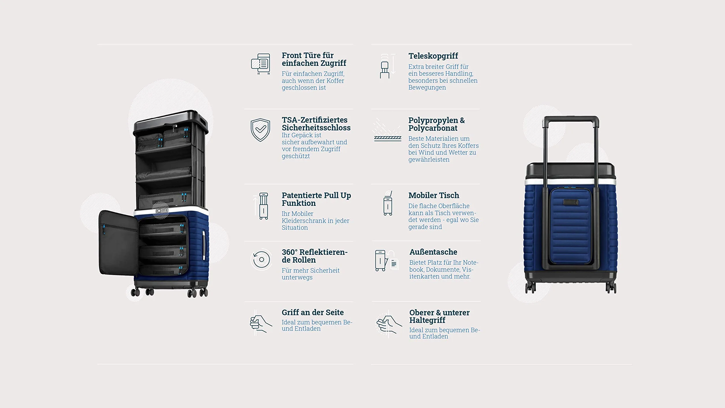 Pull Up Suitcase Estate Blue - Twoja mobilna szafa na ubrania. Rozkładana walizka podróżna z przegródkami, niebieski, 76 cm