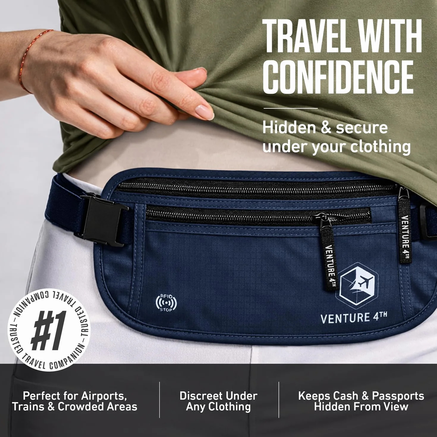 VENTURE 4TH Podróżna saszetka na pieniądze, smukłe etui na paszport z blokadą RFID do ochrony gotówki, kart kredytowych i dokumentów podróżnych, granatowy, One Size, Minimalistyczny