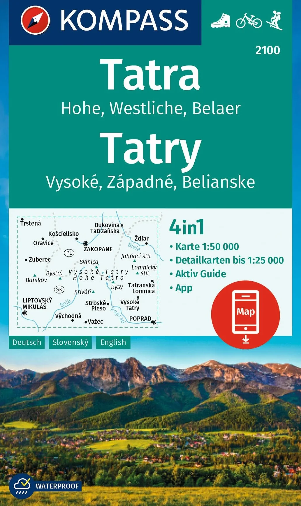 KOMPASS Wanderkarte 2100 Tatra, Hohe, Westliche, Belaer, Tatry, Vysoké, Západné, Belianske 1:50.000: 4in1 Wanderkarte mit Aktiv Guide und Detailkarten inklusive Karte zur offline Verwendung in der KOMPASS-App. Fahrradfahren. Skitouren.