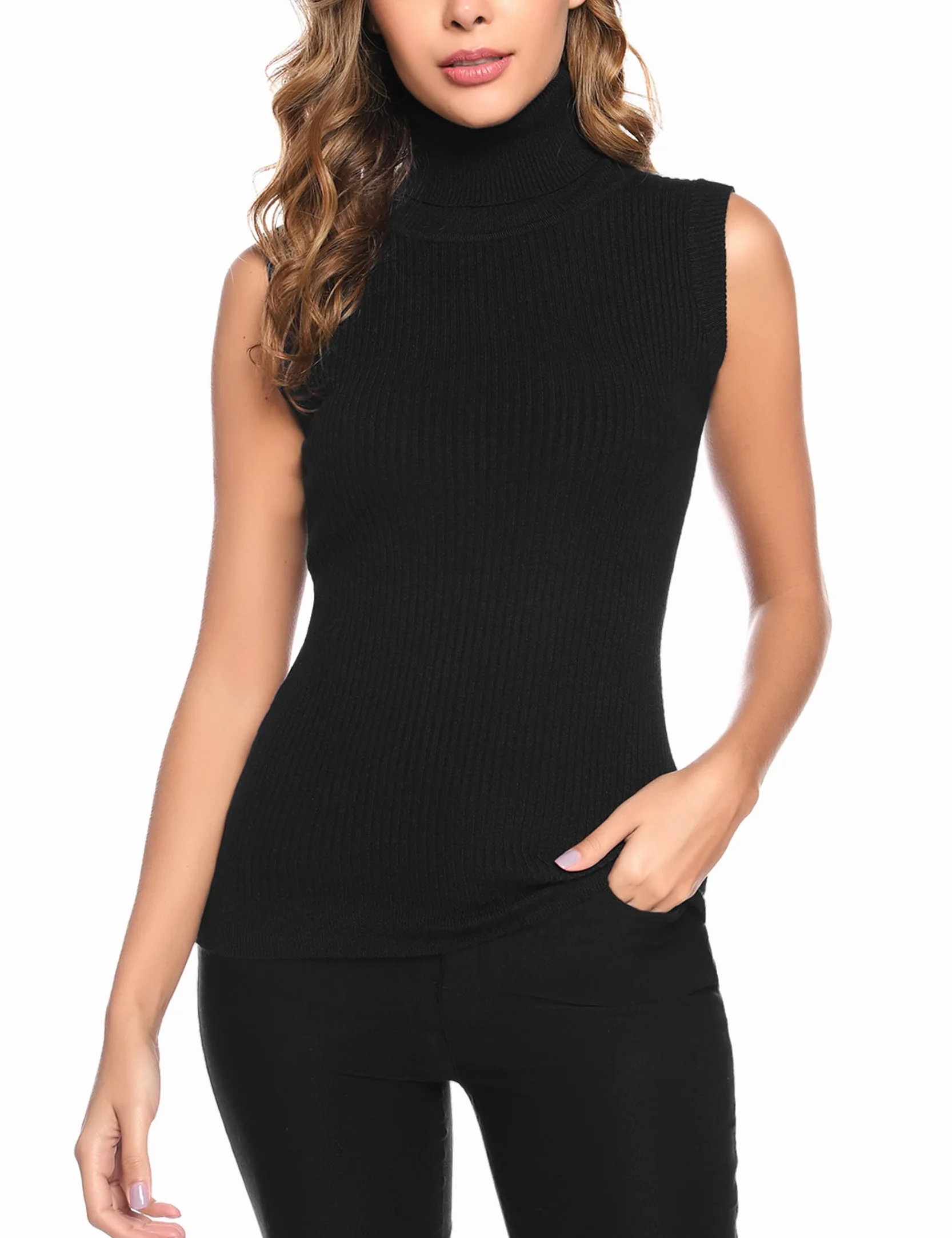 Gyabnw Top Top Kobiety z wysokim dekoltem bez rękawów z dzianiny Lupetto moda sweter sweter kamizelka elegancka golf jednolity kolor ciepły miękki casual Basic jesień i zima S-XXL, Czarny, S